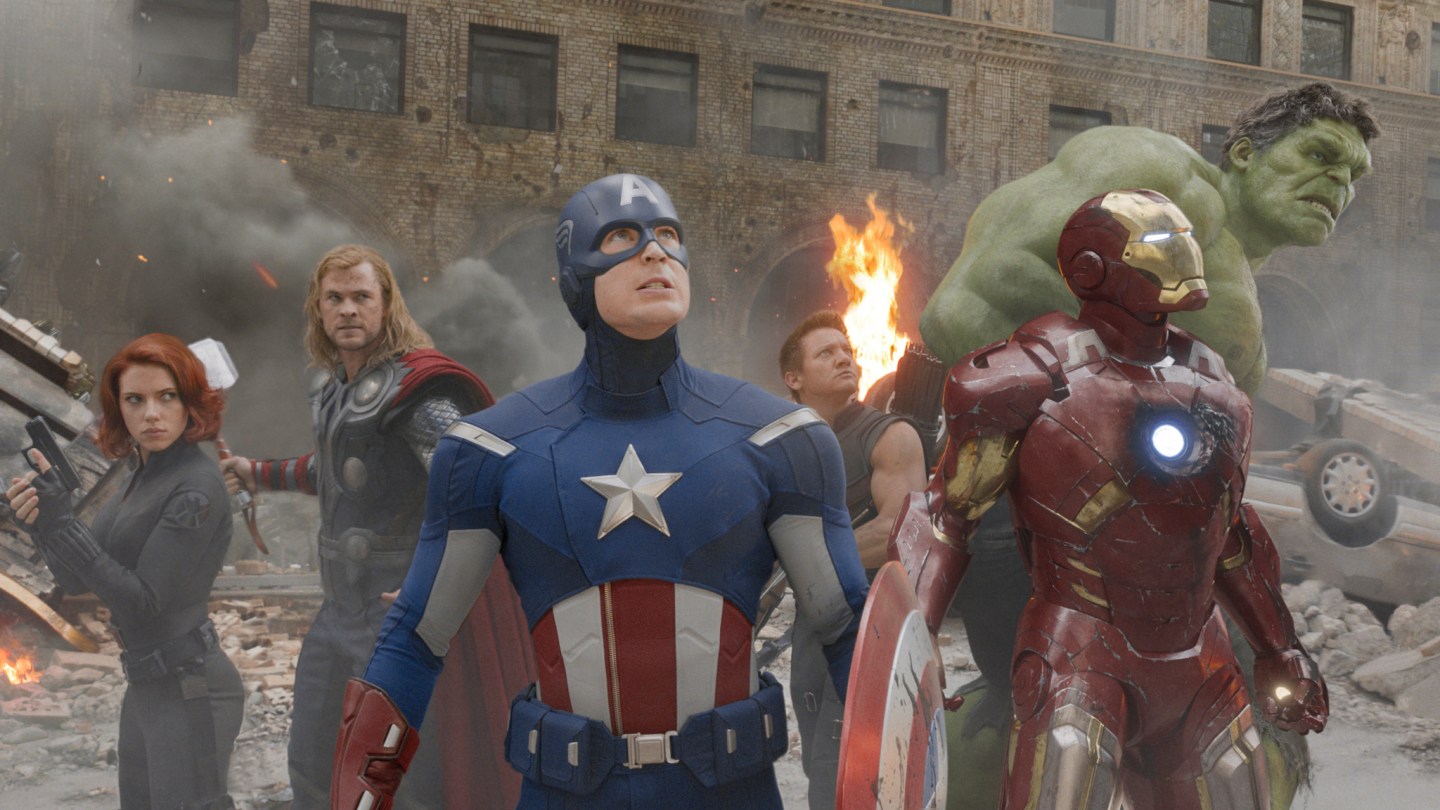 “Marvel's The Avengers”L to R: Black Widow (Scarlett Johansson), Thor (Chris Hemsworth), Captain America (Chris Evans), Hawkeye (Jeremy Renner), Iron Man (Robert Downey Jr.), and Hulk (Mark Ruffalo)Ph: Film Frame © 2011 MVLFFLLC. TM &amp; © 2011 Marvel. All Rights Reserved.