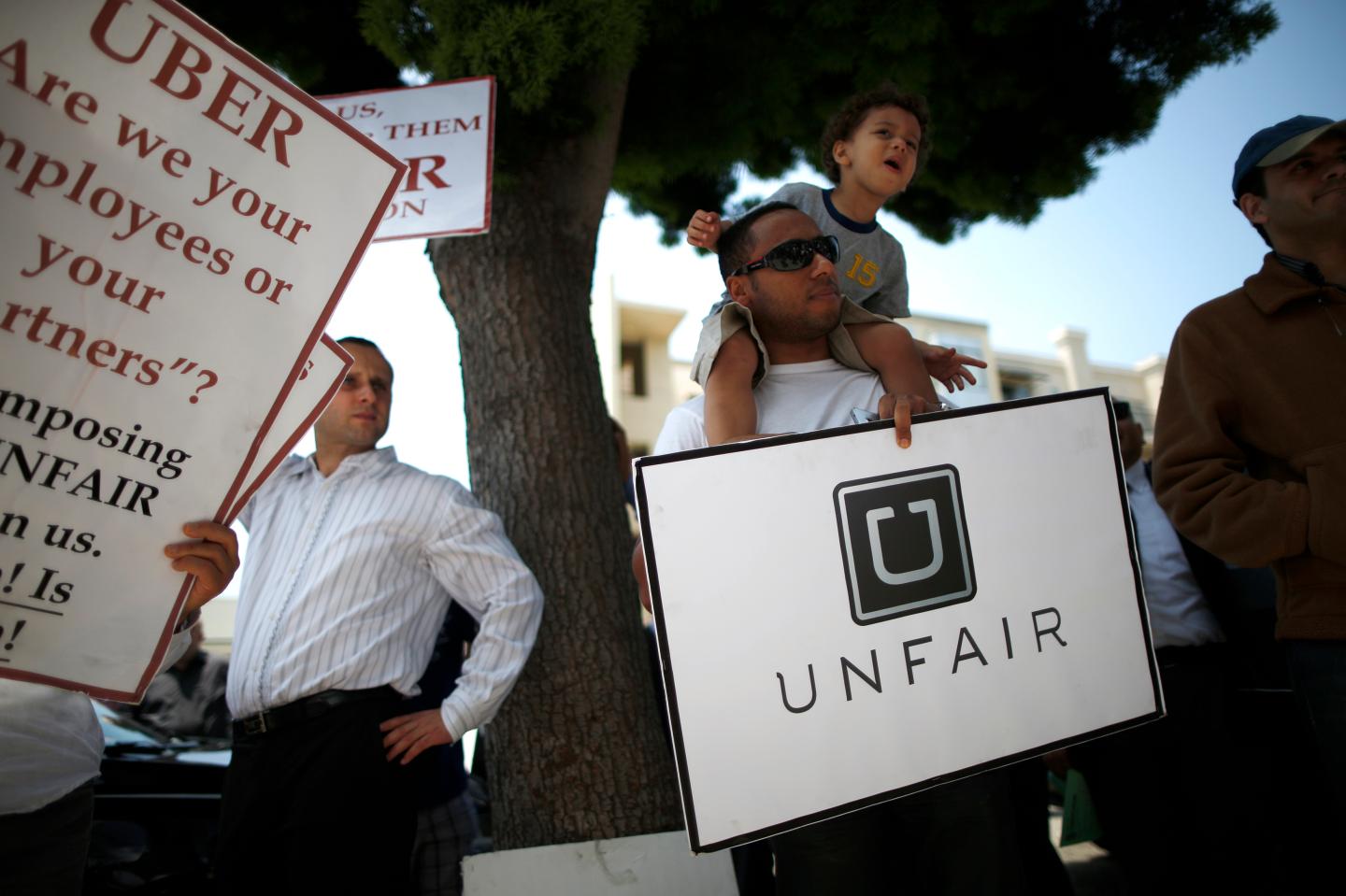 Uber driver Levin protests with other drivers against working conditions, in Santa Monica