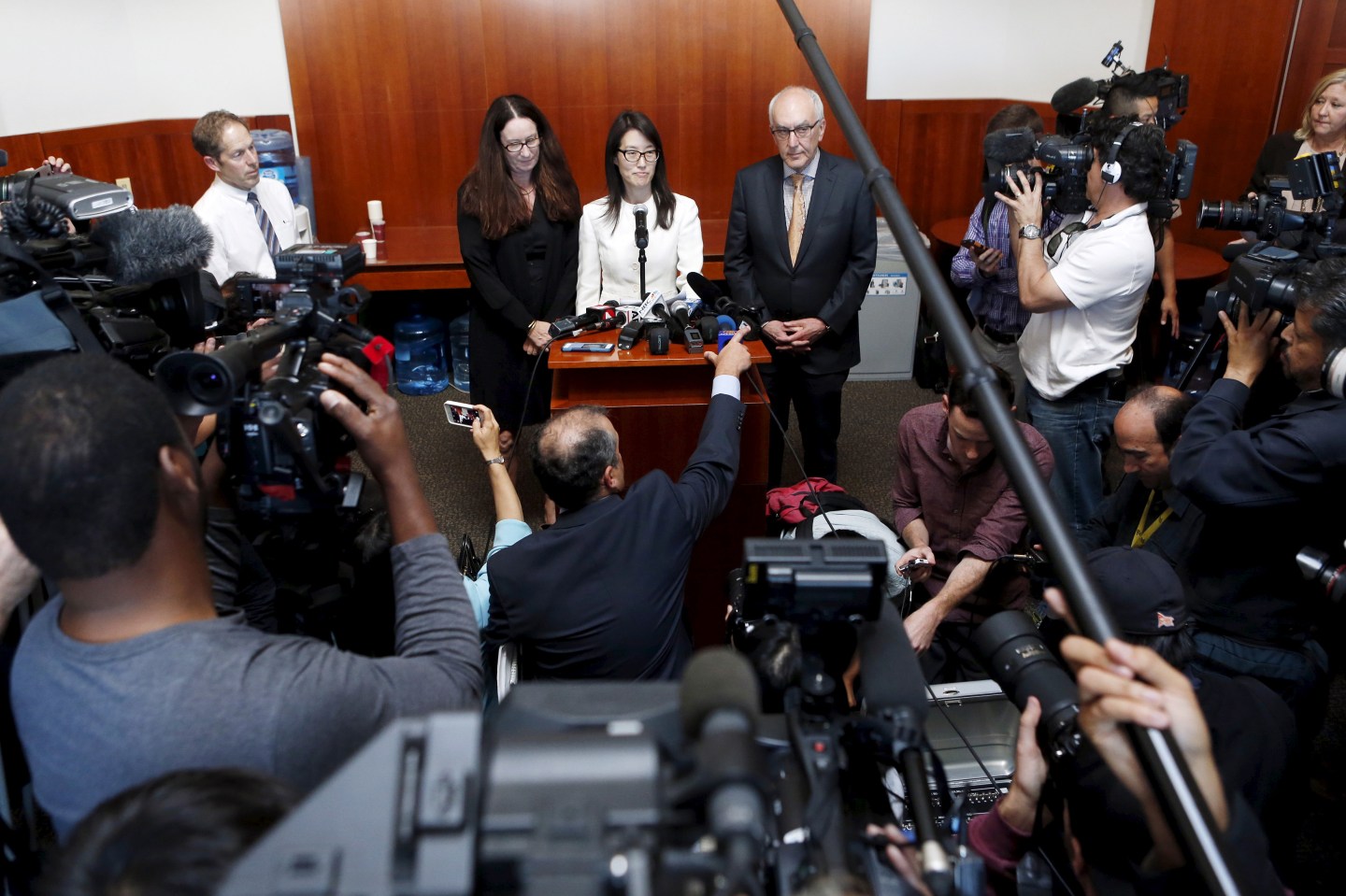 Ellen Pao speaks to the media after losing in her high profile gender discrimination lawsuit against venture capital firm Kleiner, Perkins, Caufield and Byers in San Francisco
