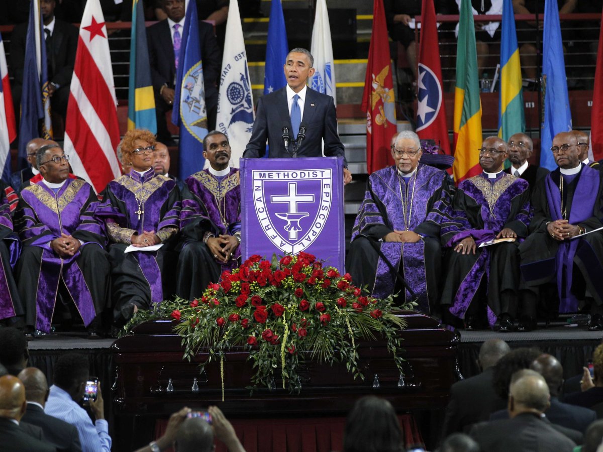 President Barack Obama speaks during funeral services for Rev. Clementa Pinckney.
