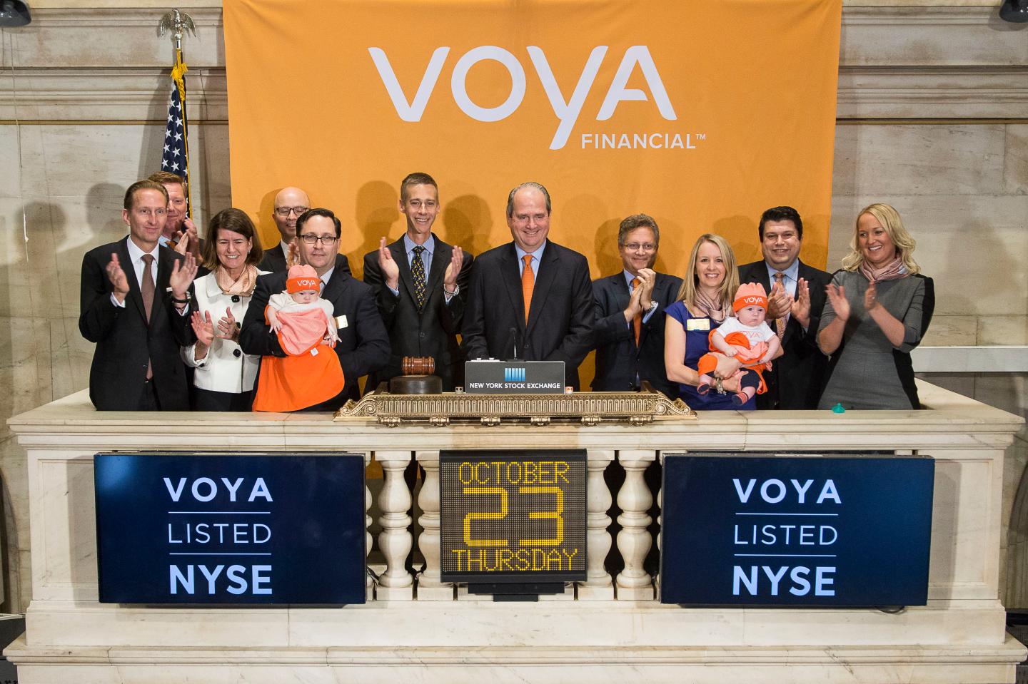 NEW YORK, NY - OCTOBER 23: Voya Financial Chairman and CEO Rodney O. Martin Jr. rings the NYSE Closing Bell® to highlight the Voya Born to Save program and celebrate the consumer launch of the Voya brand at The New York Stock Exchange on October 23rd, 2014 in New York City. Through the Voya Born to Save program, every baby born in the United States on October 20, 2014 is eligible to receive a $500 mutual fund investment from Voya Financial as a head start on their future retirement savings. (Photo by Josh Kuckens/NYSE)