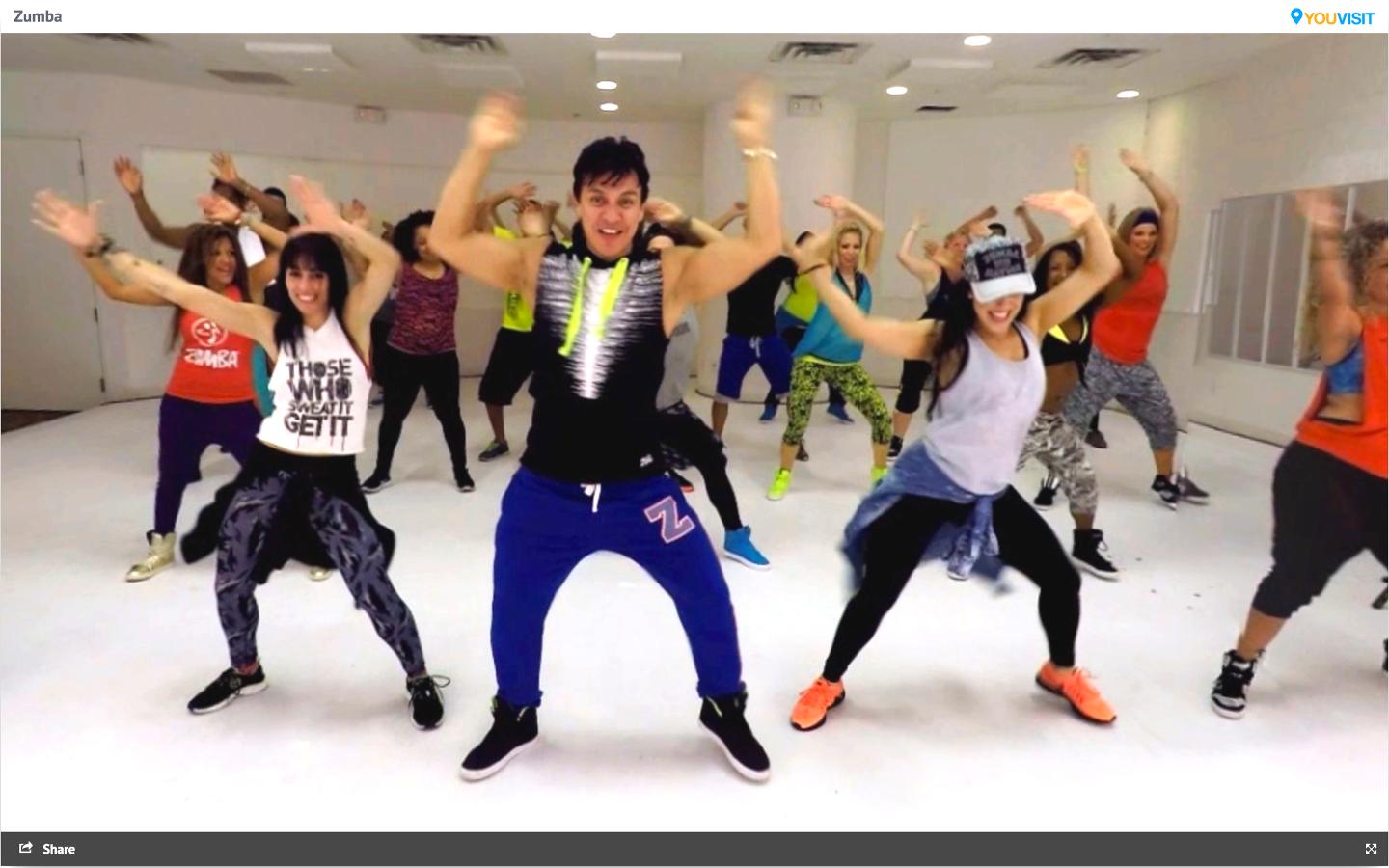 This Zumba VR experience puts people in the middle of a Zumba class.