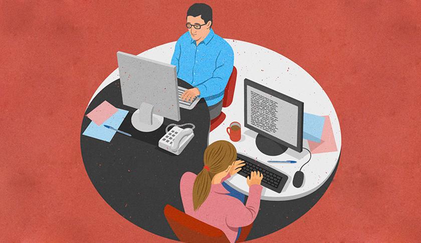 Businessman and businesswoman working together sharing yin yang desk