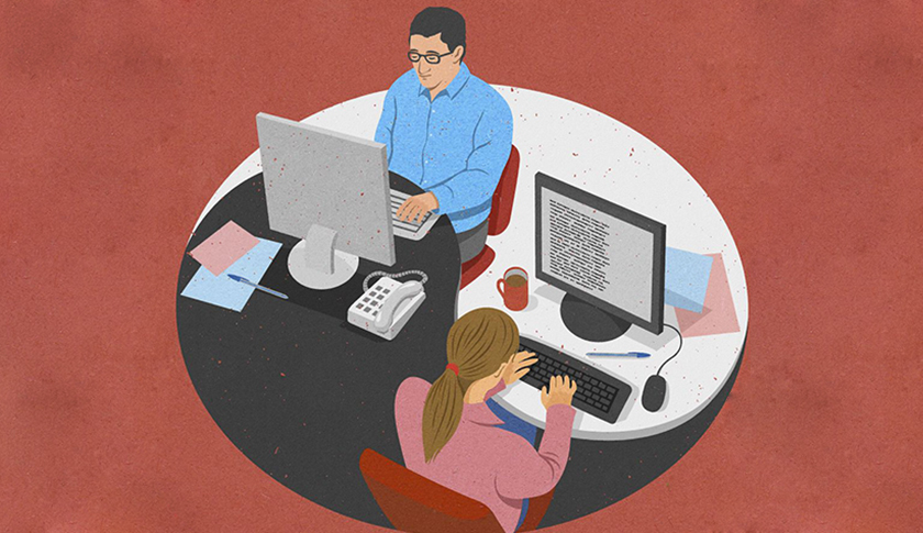 Businessman and businesswoman working together sharing yin yang desk