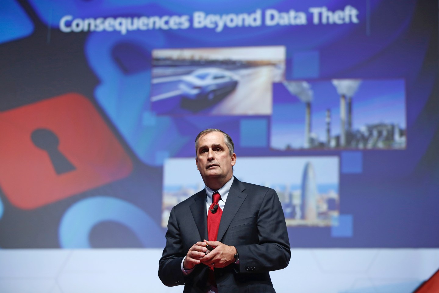 Brian Krzanich, chief executive officer of Intel Corp., speaks during a keynote session at the Mobile World Congress in Barcelona, Spain, on Wednesday, March 4, 2015. The event, which generates several hundred million euros in revenue for the city of Barcelona each year, also means the world for a week turns its attention back to Europe for the latest in technology, despite a lagging ecosystem. Photographer: Simon Dawson/Bloomberg *** Local Caption *** Brian Krzanich