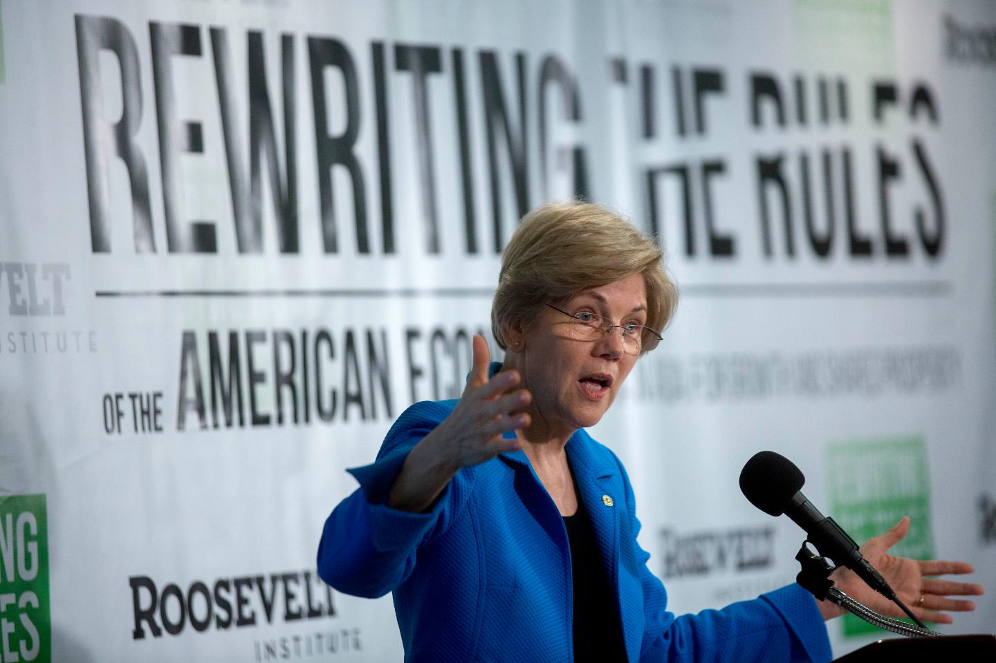 Senator Elizabeth Warren (D-Mass.) speaks during a Roosevelt Institute event at the National Press Club in Washington, D.C. on May 12.