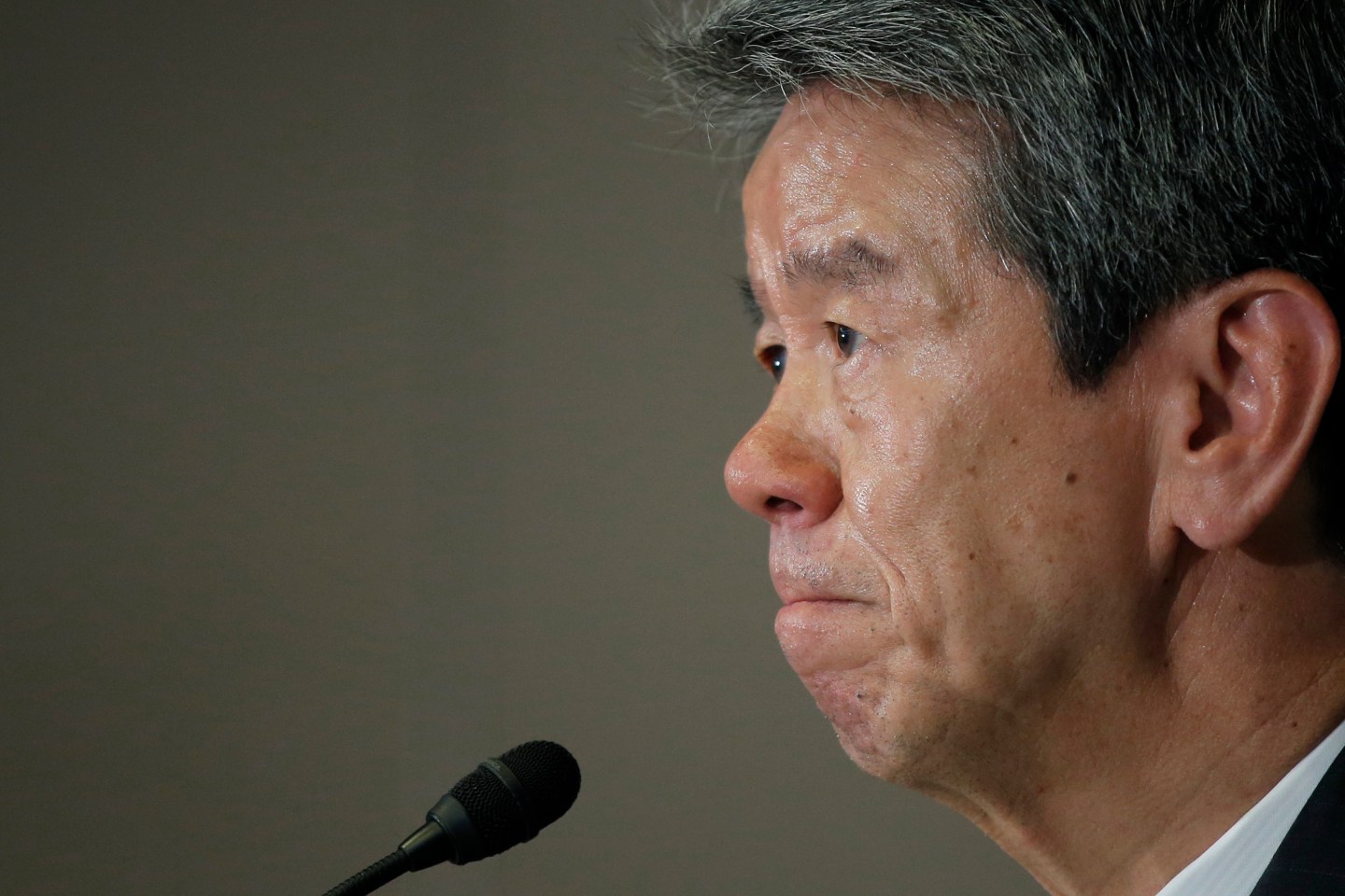 Hisao Tanaka, president and chief executive officer of Toshiba Corp., pauses during a news conference at the company's headquarters in Tokyo, Japan, on Friday, May 15, 2015.