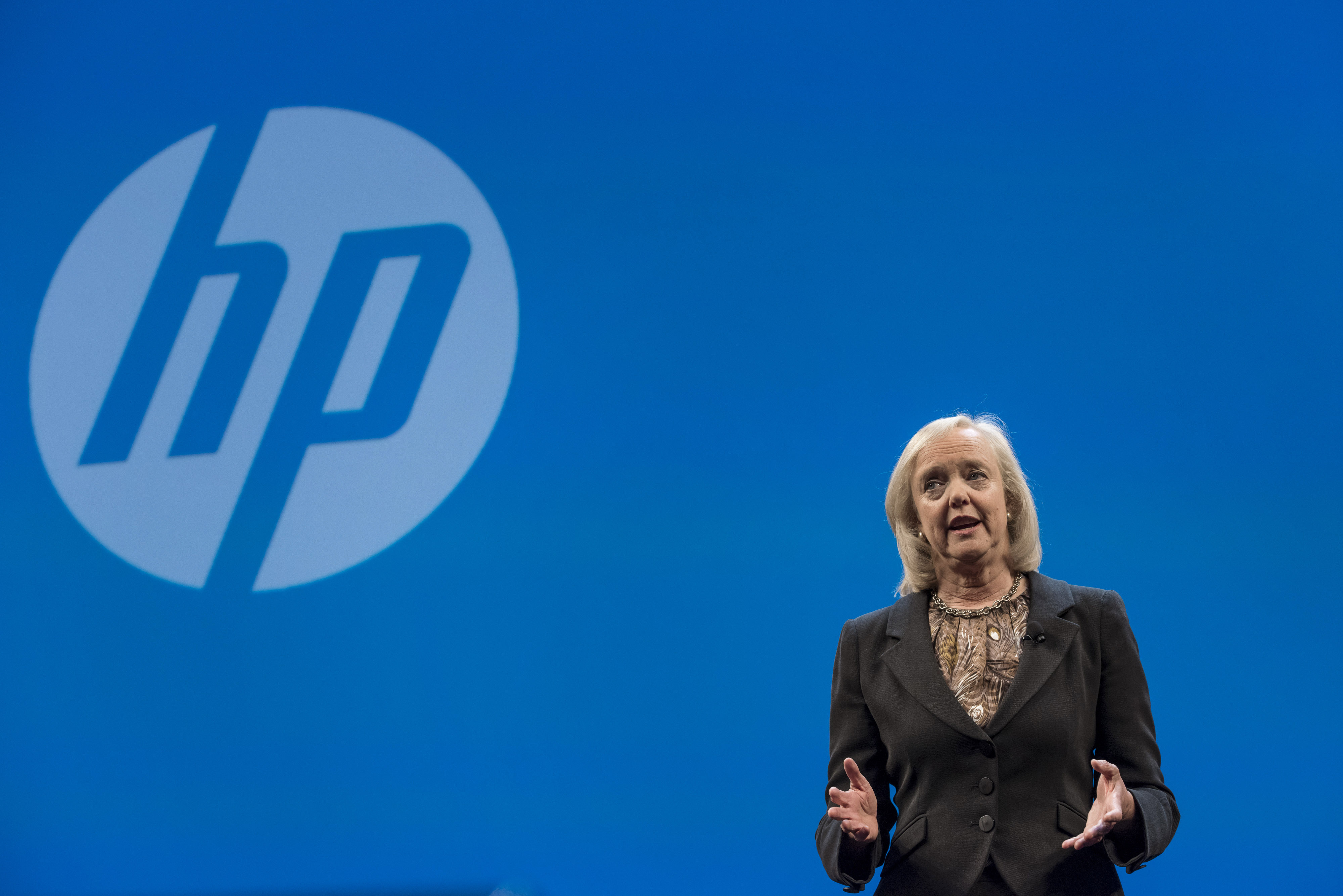 Meg Whitman, former chief executive officer of Hewlett-Packard Co., speaks during the HP Discover 2015 conference in Las Vegas, Nevada, U.S., on Tuesday, June 2, 2015. Hewlett-Packard Co. reported fiscal second-quarter profit that exceeded analysts' estimates as corporate spending on servers picked up ahead of the computer maker's planned separation into two companies. Photographer: David Paul Morris *** Local Caption *** Meg Whitman