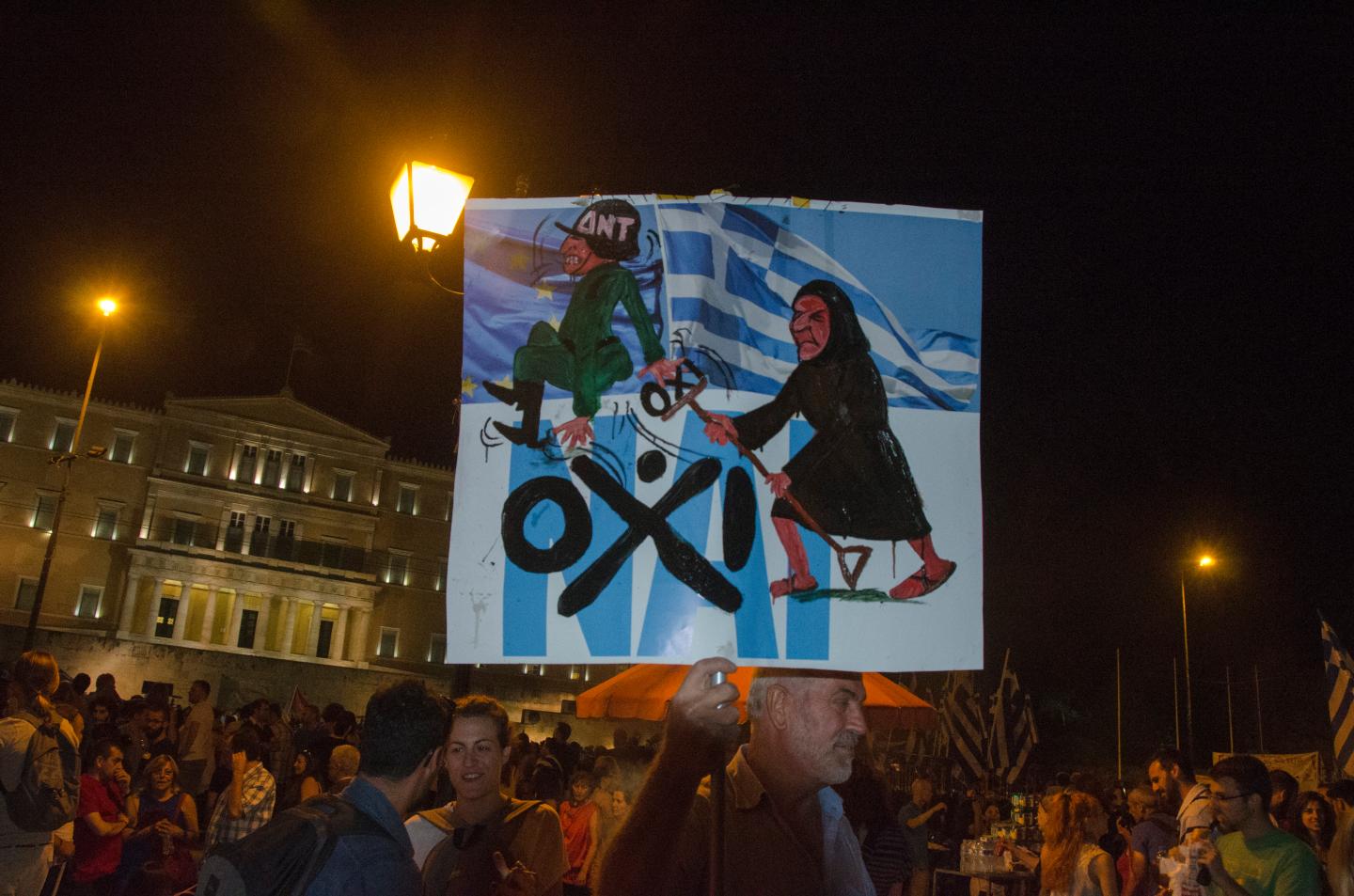 Syntagma square is full of demonstrators. Greek people