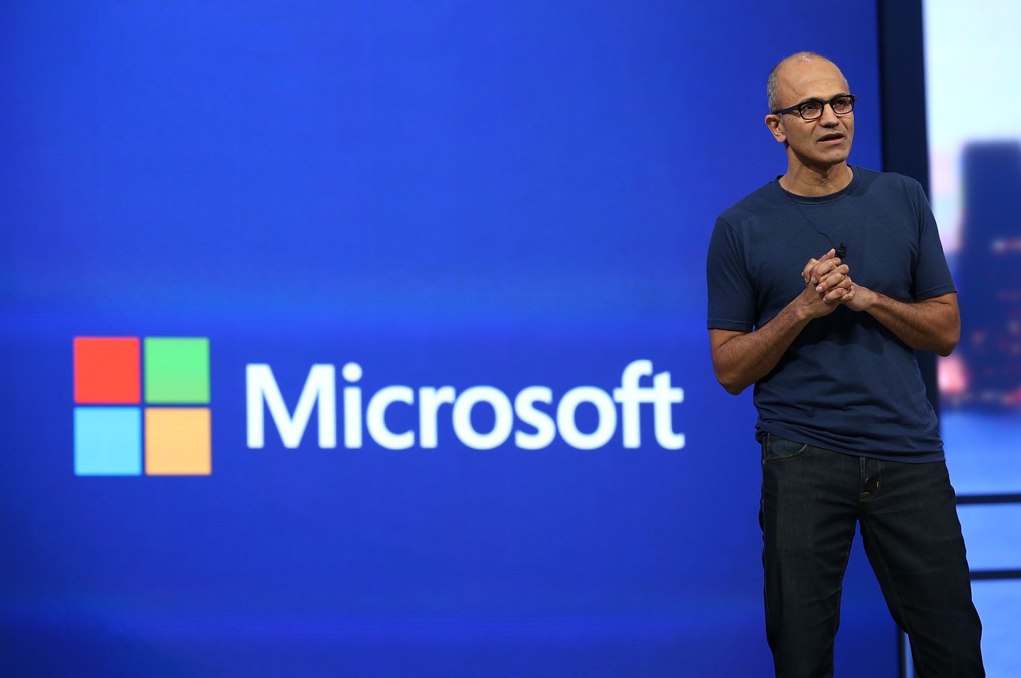 Microsoft CEO Satya Nadella delivers a keynote address during the Microsoft Build developer conference.