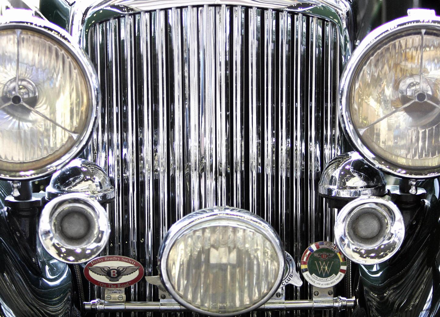 The front grill of a vintage Bentley is