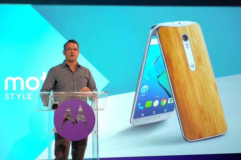 Motorola design chief Jim Wicks discusses the Moto X Pure Edition during a launch event in New York City.