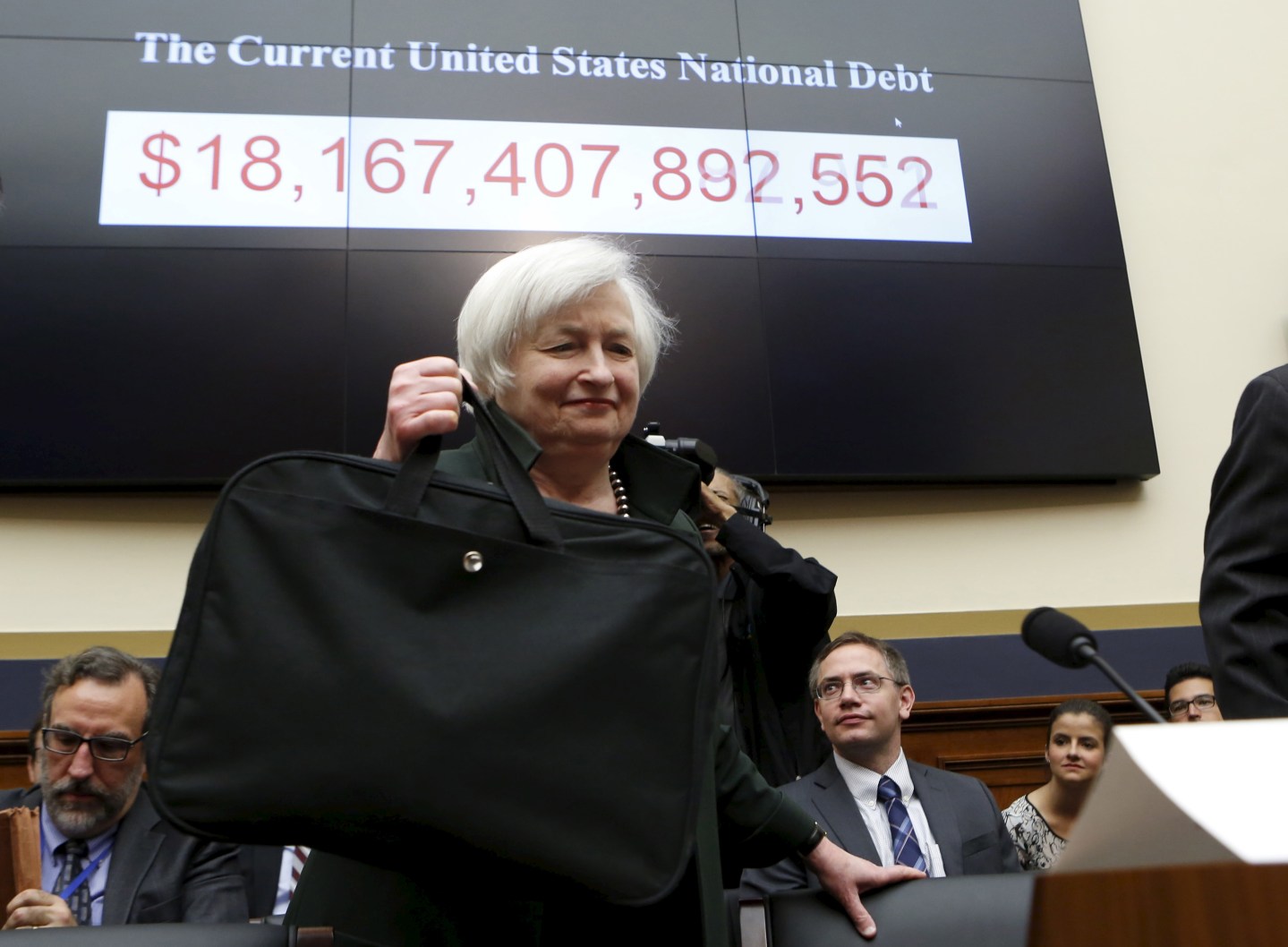 Federal Reserve Board Chairwoman Janet Yellen arrives to testify before a House Financial Services committee hearing