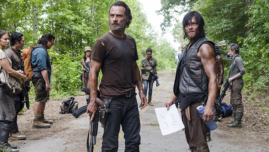 Lauren Cohan as Maggie Greene, Steven Yeun as Glenn Rhee, Josh McDermitt as Dr. Eugene Porter, Christian Serratos as Rosita Espinosa, Andrew Lincoln as Rick Grimes, Sonequa Martin-Green as Sasha, Norman Reedus as Daryl Dixon and Melissa McBride as Carol Peletier - The Walking Dead _ Season 5, Episode 10 - Photo Credit: Gene Page/AMC