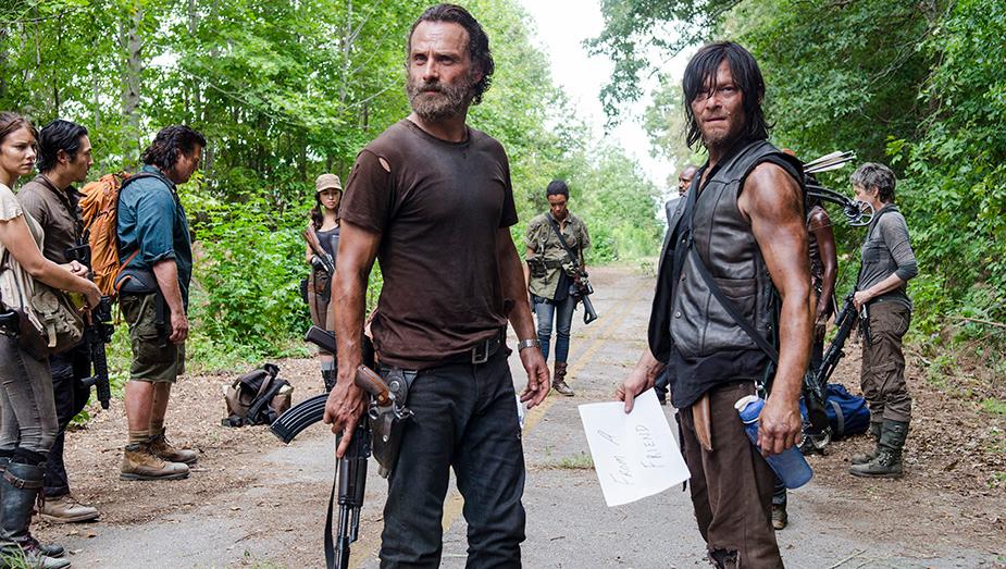 Lauren Cohan as Maggie Greene, Steven Yeun as Glenn Rhee, Josh McDermitt as Dr. Eugene Porter, Christian Serratos as Rosita Espinosa, Andrew Lincoln as Rick Grimes, Sonequa Martin-Green as Sasha, Norman Reedus as Daryl Dixon and Melissa McBride as Carol Peletier - The Walking Dead _ Season 5, Episode 10 - Photo Credit: Gene Page/AMC