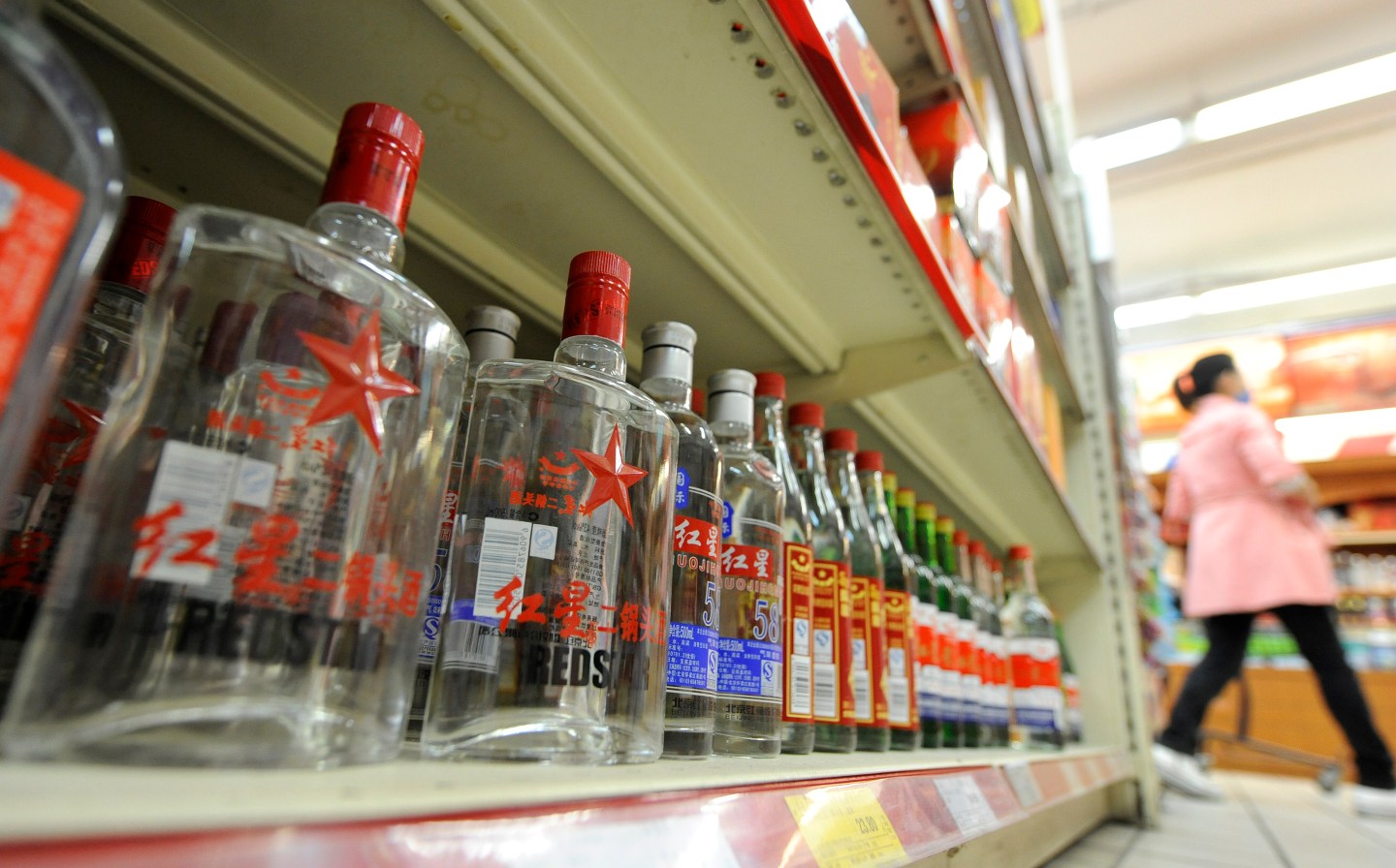 Bottles of baijiu are displayed at a store in Beijing.
