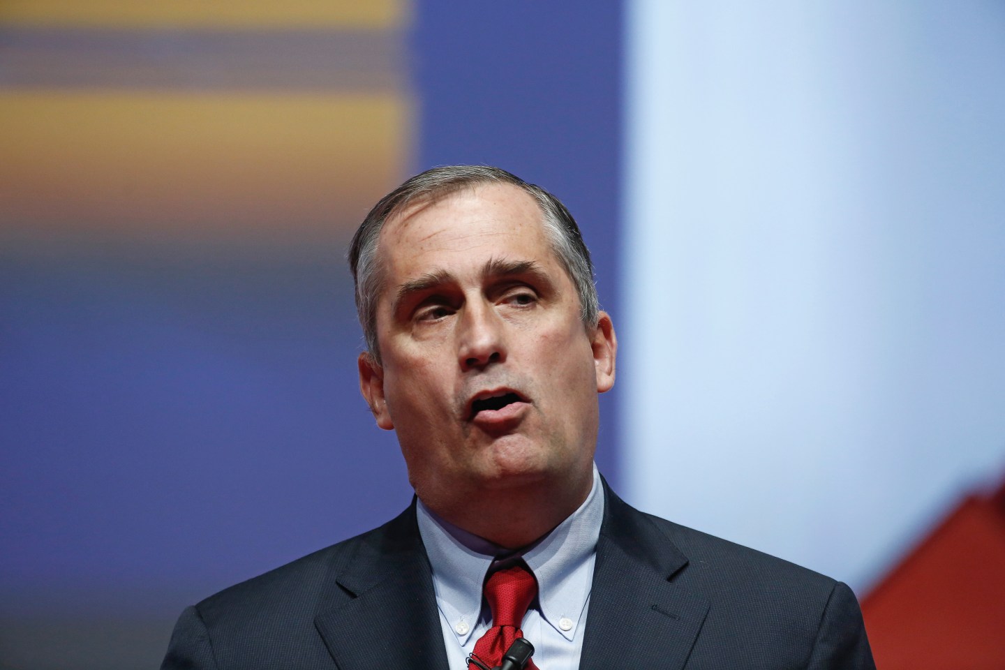 Brian Krzanich, chief executive officer of Intel Corp., speaks during a keynote session at the Mobile World Congress in Barcelona, Spain, on Wednesday, March 4, 2015. The event, which generates several hundred million euros in revenue for the city of Barcelona each year, also means the world for a week turns its attention back to Europe for the latest in technology, despite a lagging ecosystem. Photographer: Simon Dawson/Bloomberg *** Local Caption *** Brian Krzanich
