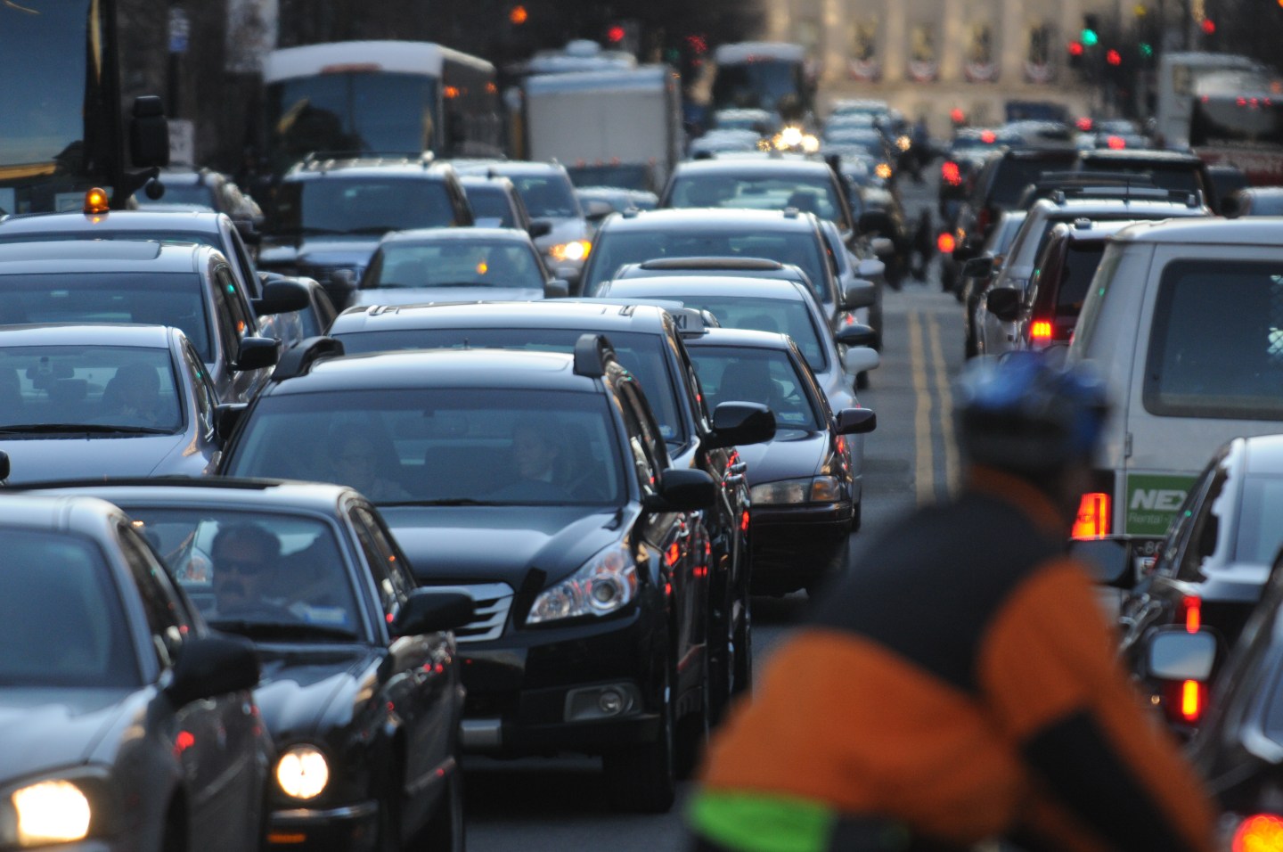 Traffic jams occur in Washington, D.C. on a late Sunday afternoon. The city has been named the worst place for traffic congestion.