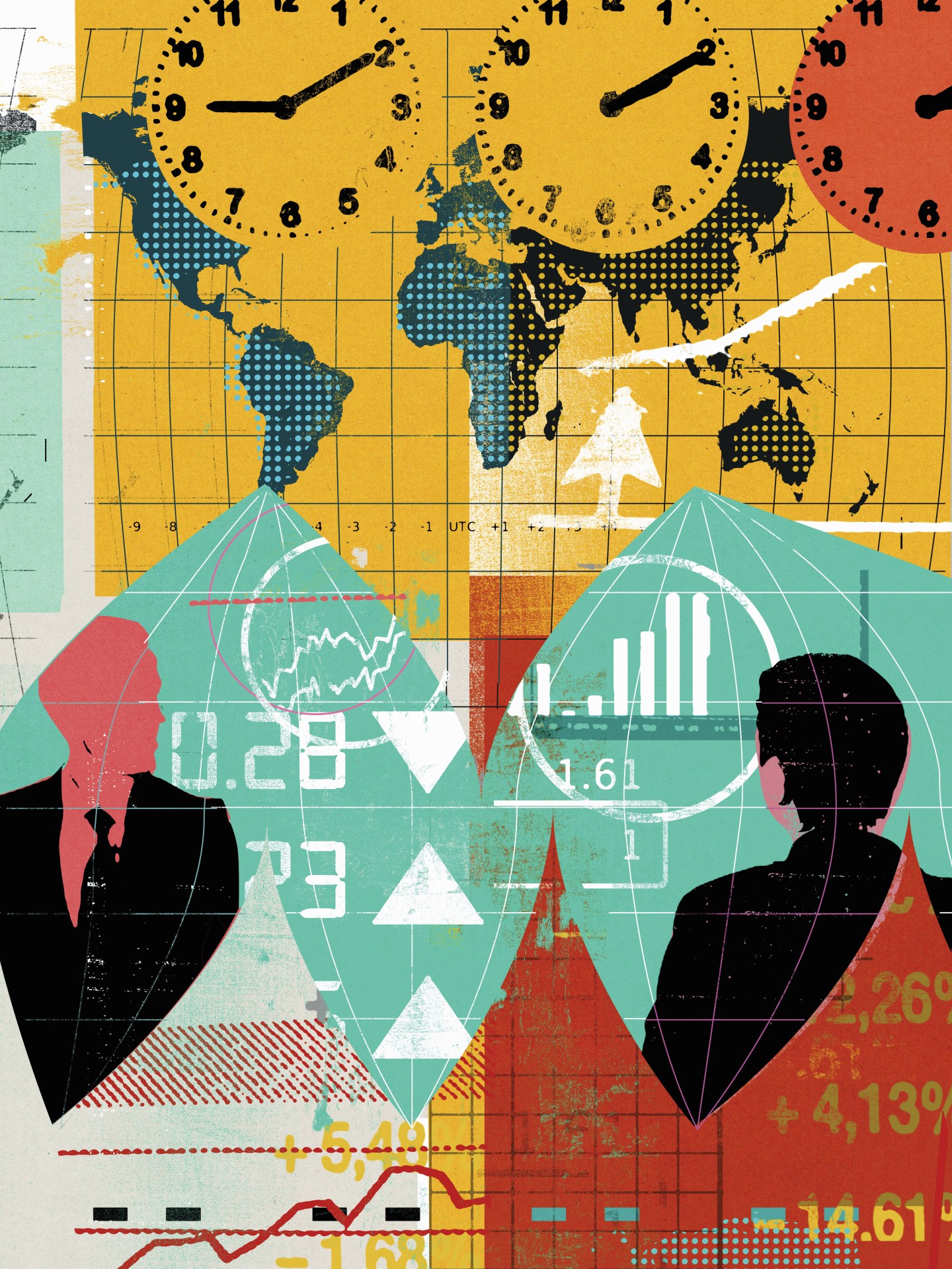 Businessmen with world map, financial data and international time zone clocks