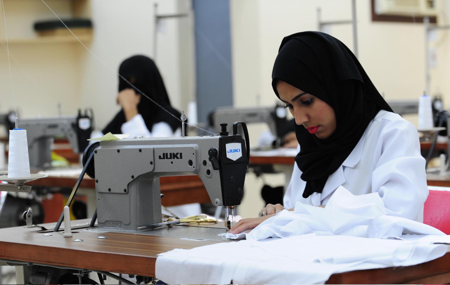 Saudi seamstresses work at a factory in the Red Sea city of Jeddah.