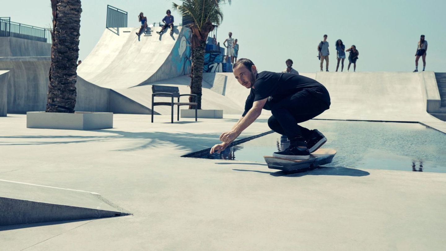Skateboarder Ross McGouran testing out the Lexus hoverboard in Barcelona.