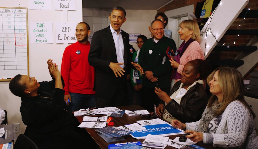 President Obama with campaign volunteers on Election Day 2012