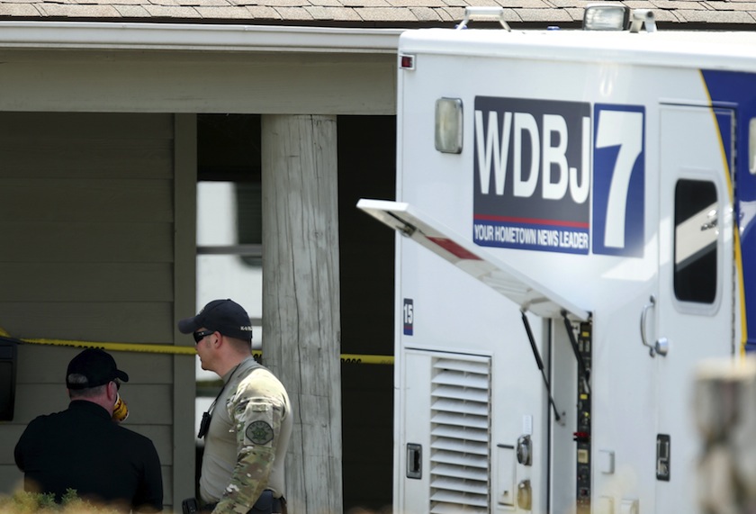 The WDBJ7 live truck is seen outside of the Bridgewater Plaza in Moneta