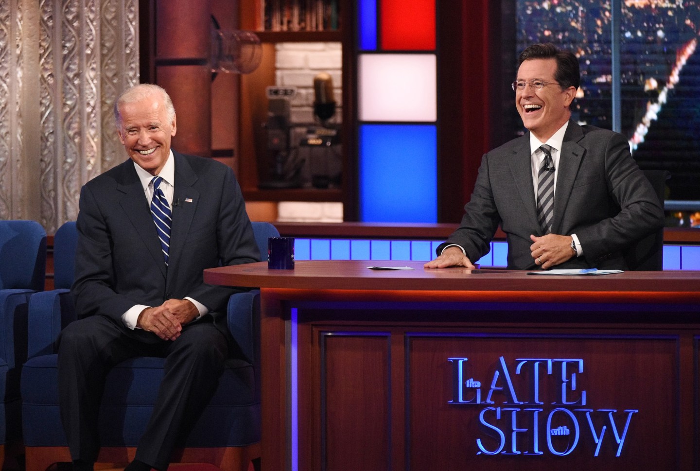 Stephen talks with Vice President Joe Biden, on The Late Show with Stephen Colbert, Thursday Sept 10, 2015 on the CBS Television Network. Photo: Jeffrey R. Staab/CBS é2015 CBS Broadcasting Inc. All Rights Reserved