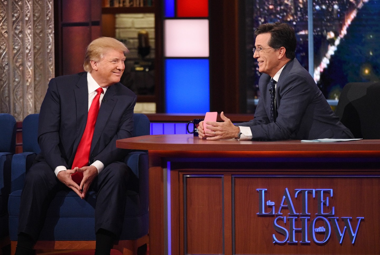 Donald Trump talks about his US Presidential campaign on The Late Show with Stephen Colbert, Tuesday Sept. 22, 2015 on the CBS Television Network. Photo: Jeffrey R. Staab/CBS é2015 CBS Broadcasting Inc. All Rights Reserved