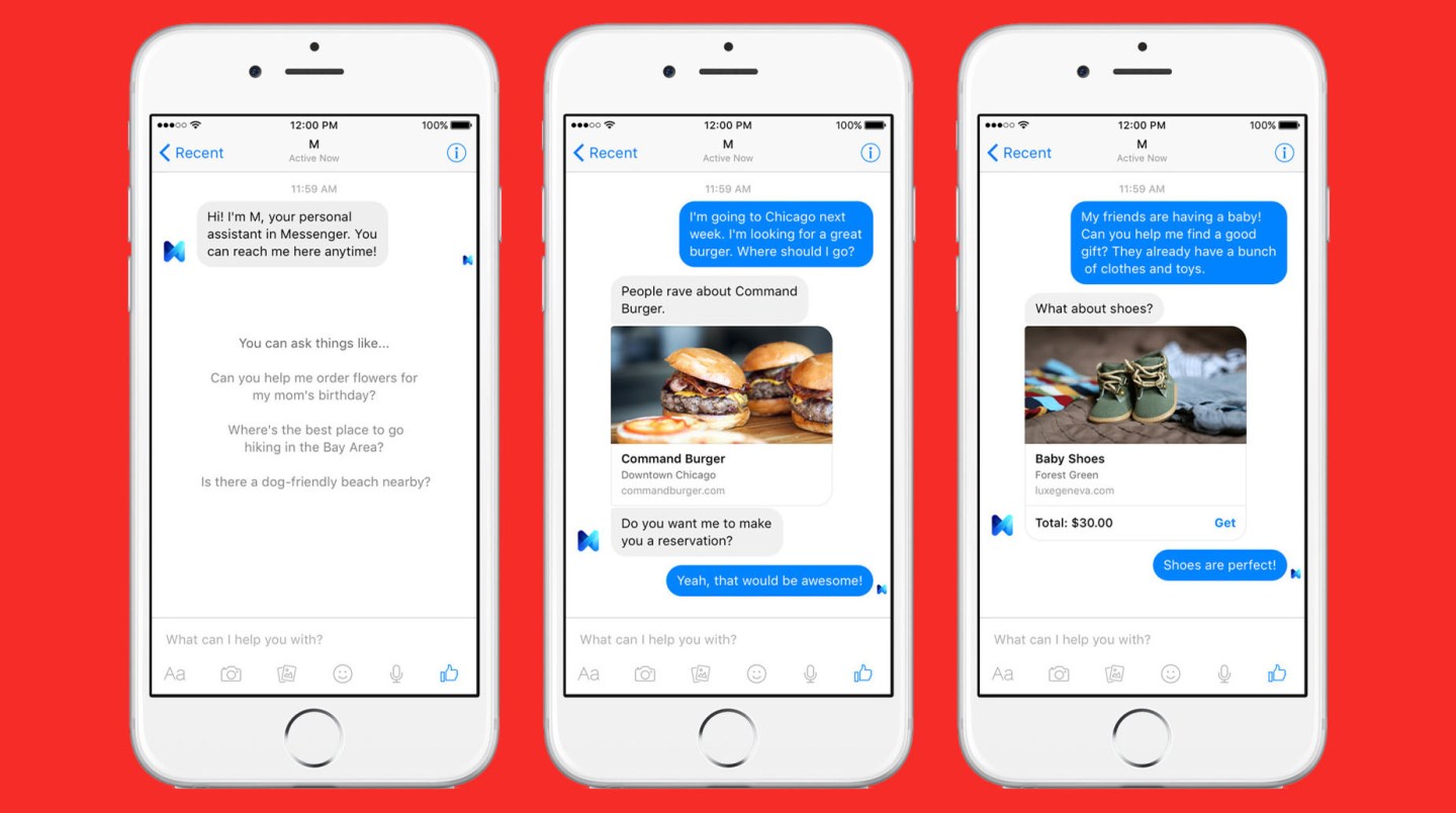 Facebook M assistant trio (red bg)