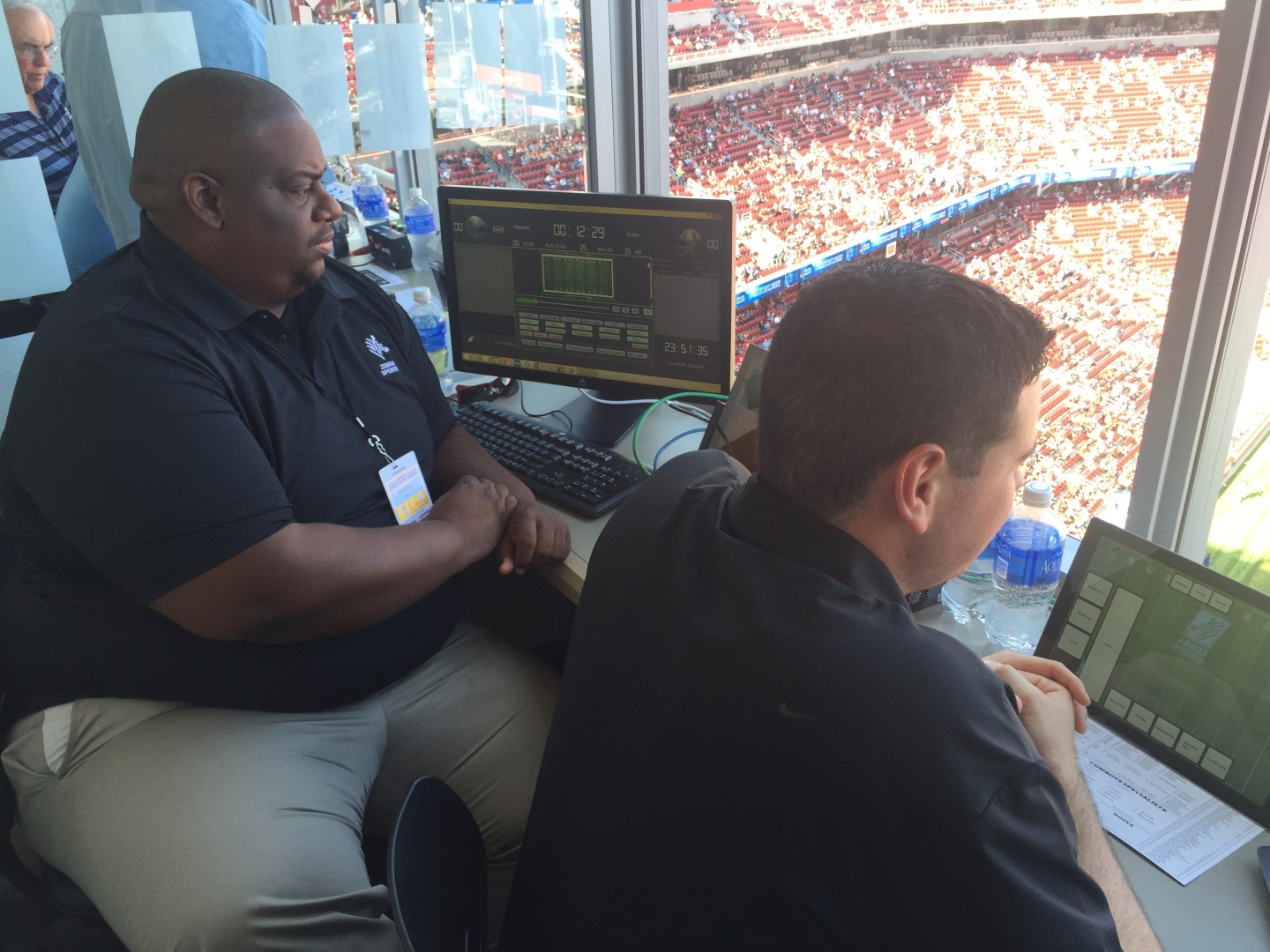 Zebra staff making sure the tech is working at Levi's Stadium during a preseason game.