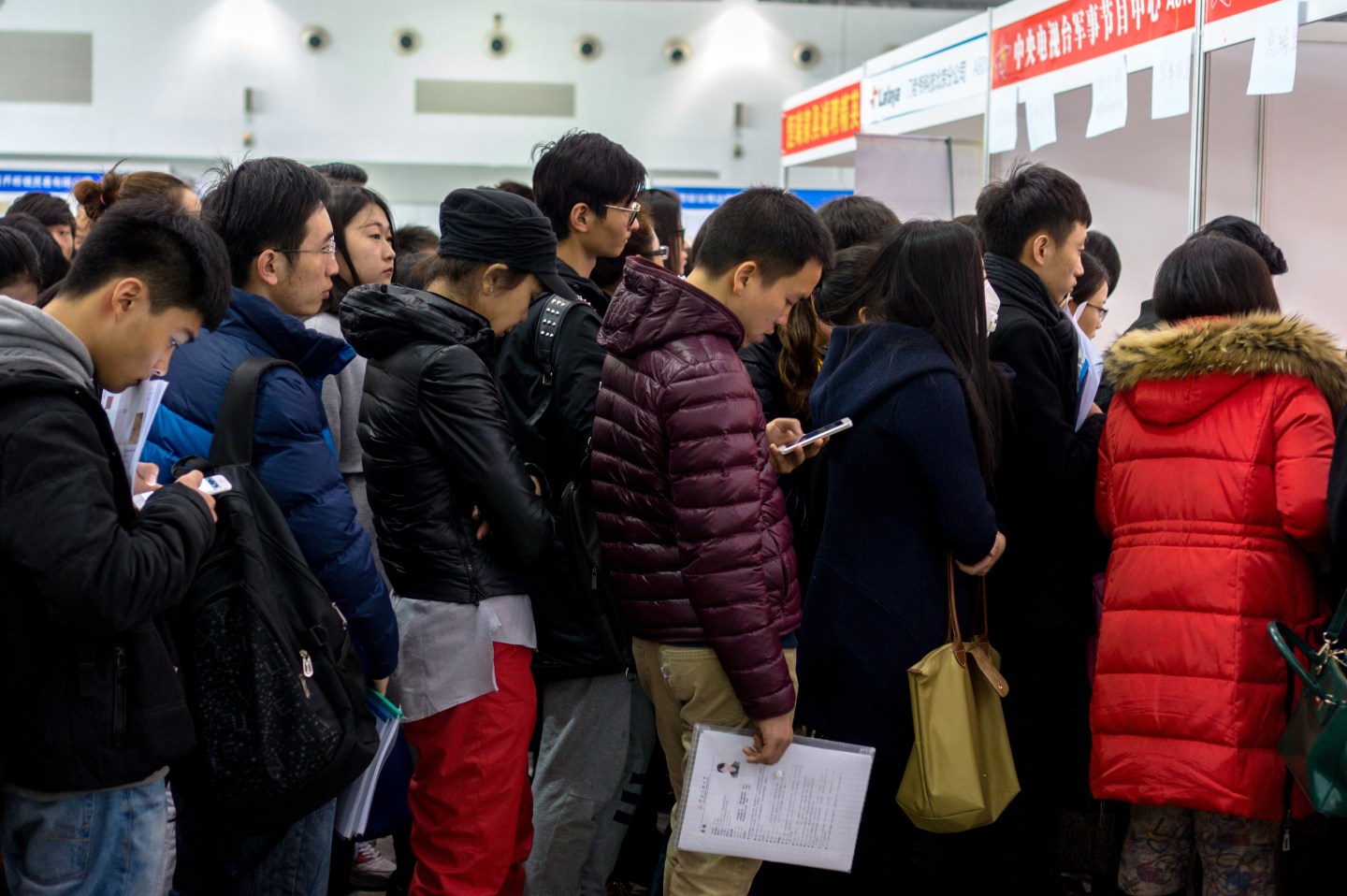 Job seekers are lined up for onsite interview in a