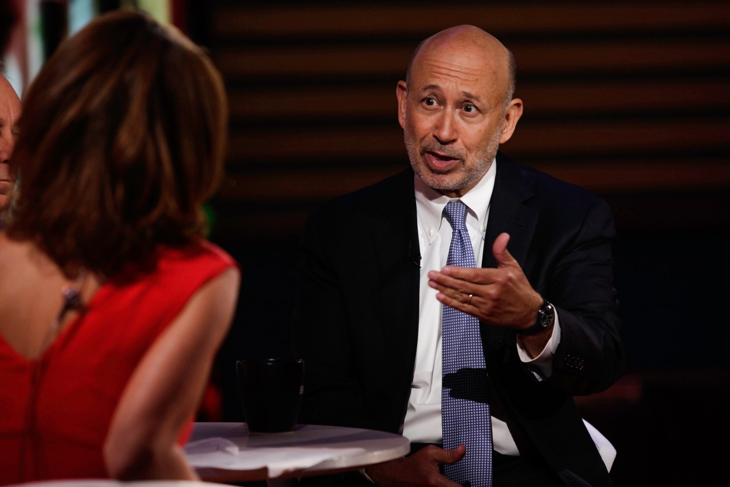 Lloyd Blankfein, CEO of Goldman Sachs Group, is photographed during a TV interview in the Bloomberg Offices in New York, NY, U.S., on Wednesday, July 29, 2015