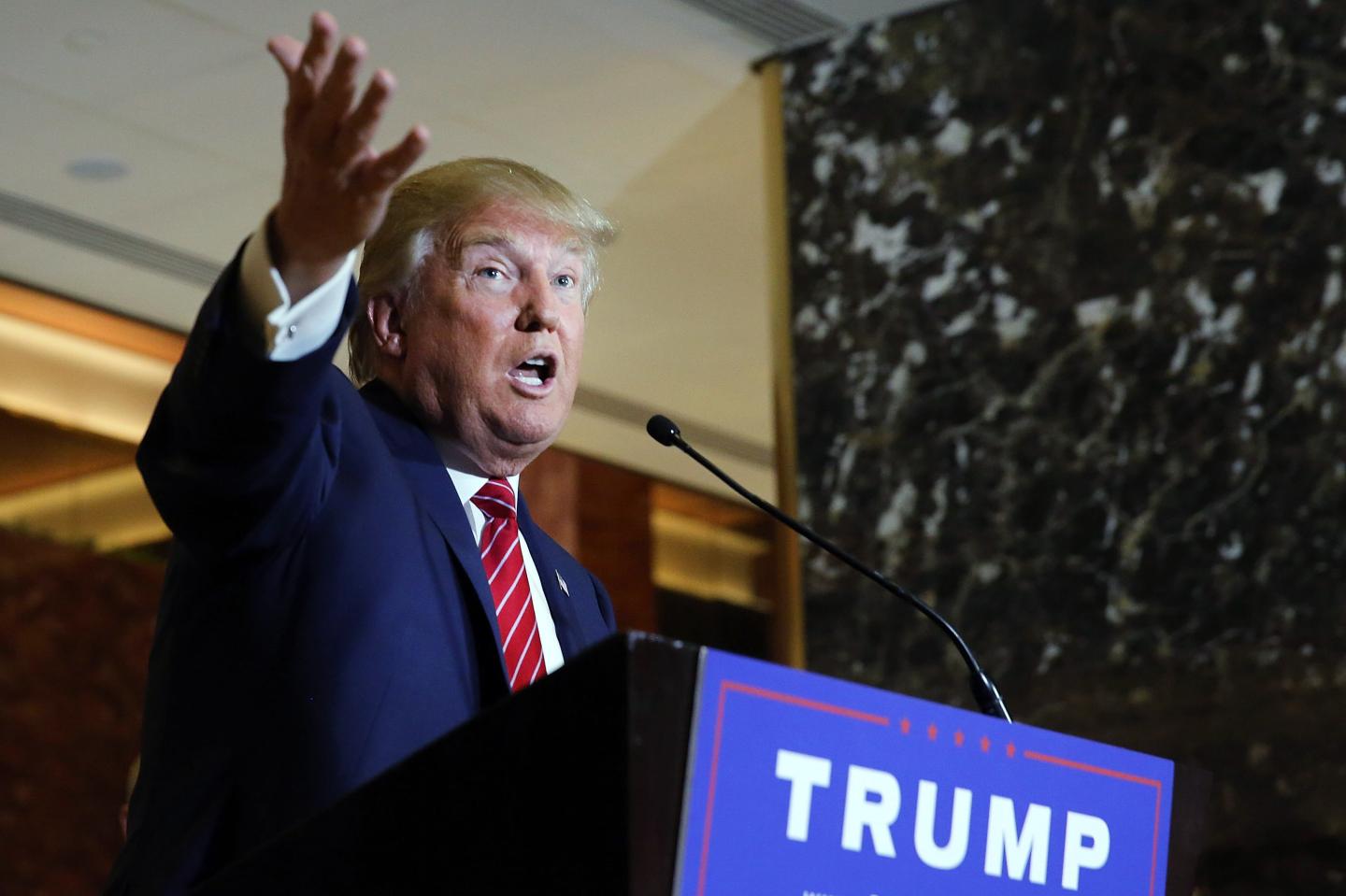 NEW YORK, NY - SEPTEMBER 03:  GOP presidential front-runner Donald Trump speaks at a news conference in Manhattan after he signed a pledge Thursday to support the Republican nominee in the 2016 general election, ruling out a third-party or independent run on September 3, 2015 in New York City. Trump made the announcement following a meeting with  Republican National Committee chairman Reince Priebus. Trump stressed repeatedly in the news conference that he is leading in all national polls.  (Photo by Spencer Platt/Getty Images)