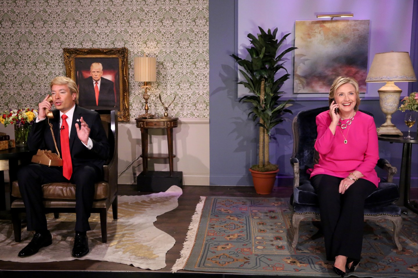 THE TONIGHT SHOW STARRING JIMMY FALLON -- Episode 0330 -- Pictured: (l-r) Host Jimmy Fallon as Donald Trump and Hillary Rodham Clinton during the "Trump calls Hillary" skit on September 16, 2015 -- (Photo by: Douglas Gorenstein/NBC/NBCU Photo Bank)