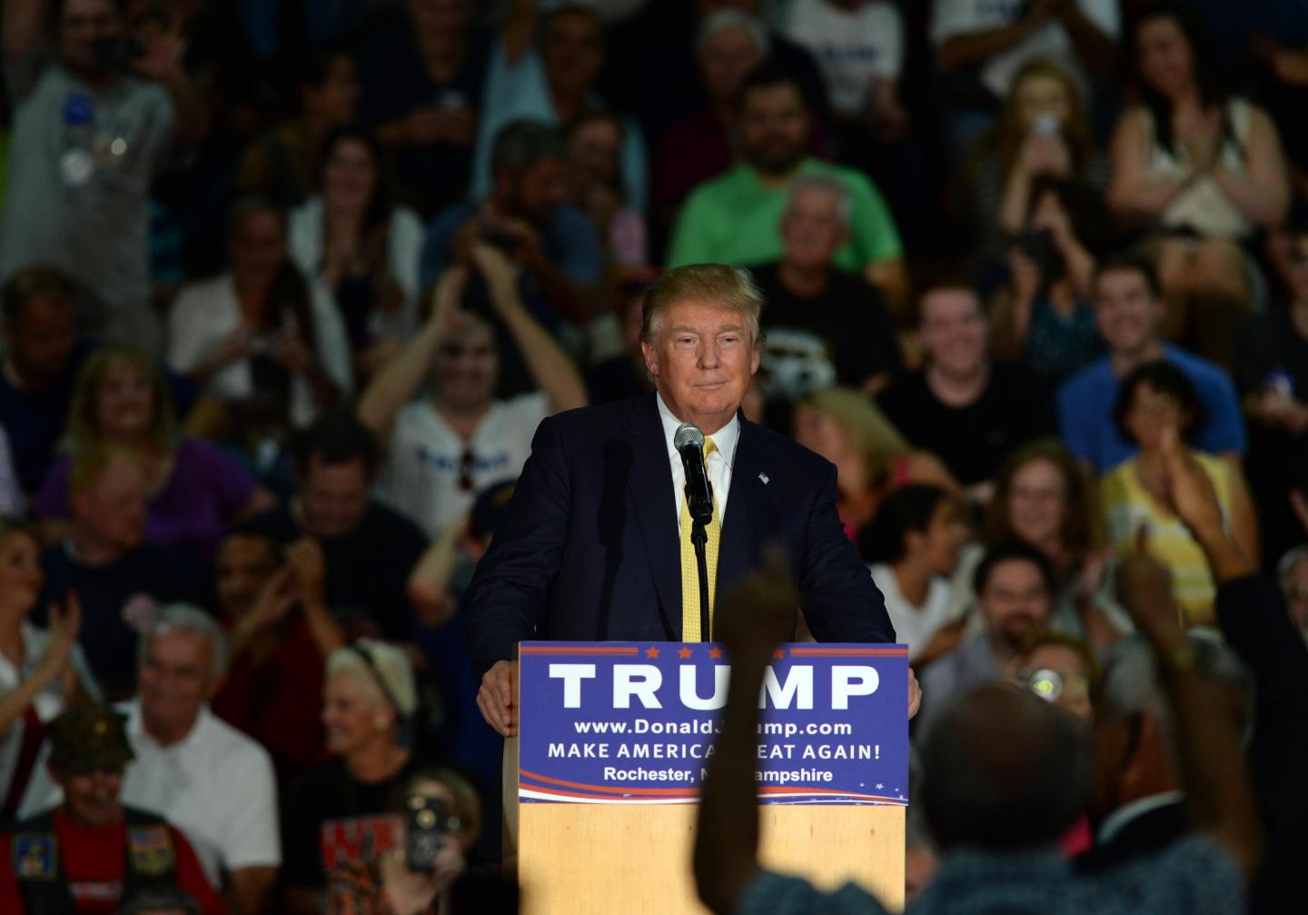ROCHESTER, NH - SEPTEMBER 17: Republican Presidential candidate Donald Trump speaks during a town hall event at Rochester Recreational Arena September, 2015 in Rochester, New Hampshire. Trump spent the day campaigning in New Hampshire following the second Republican presidential debate. (Photo by Darren McCollester/Getty Images) *** Local Caption *** Donald Trump