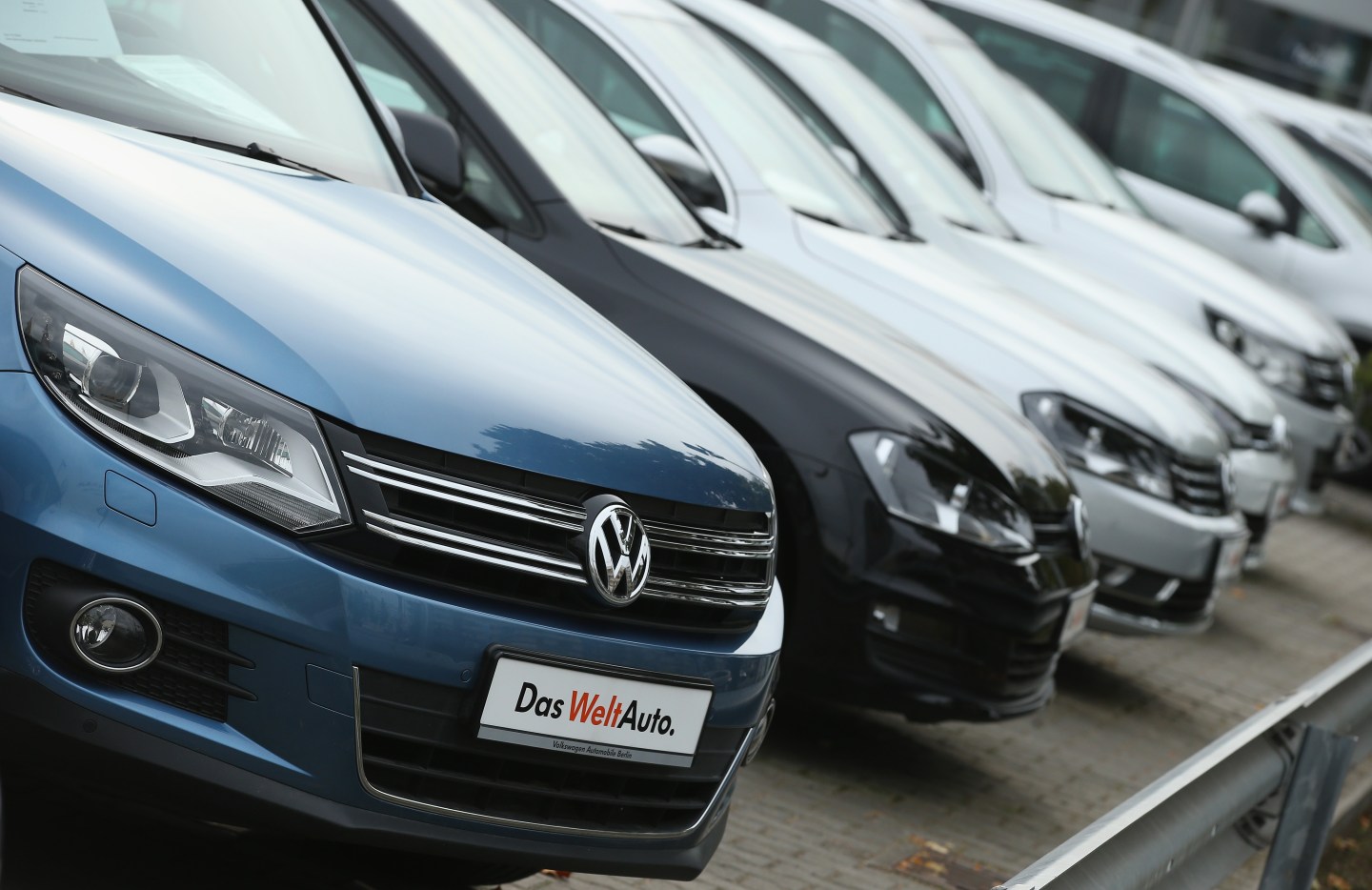 Used cars of German carmaker Volkswagen stand on display at a Volkswagen car dealership on September 22, 2015 in Berlin, Germany.