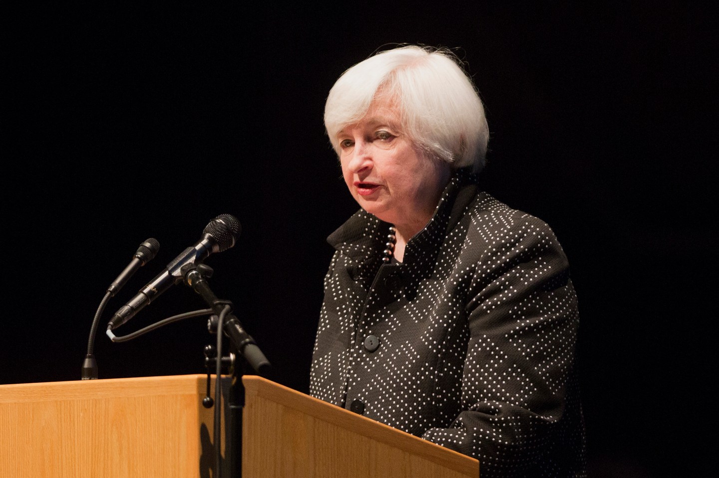 Janet Yellen, chair of the U.S. Federal Reserve, speaks during the annual Philip Gamble Memorial Lecture at the University of Massachusetts Amherst in Amherst, Massachusetts, U.S., on Thursday, Sept. 24, 2015. Photographer: Scott Eisen/Bloomberg *** Local Caption *** Janet Yellen