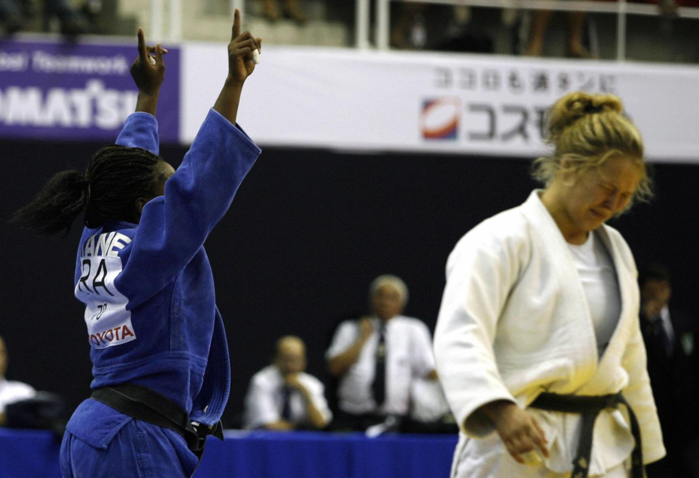France's Gevrise Emane (L) celebrates he