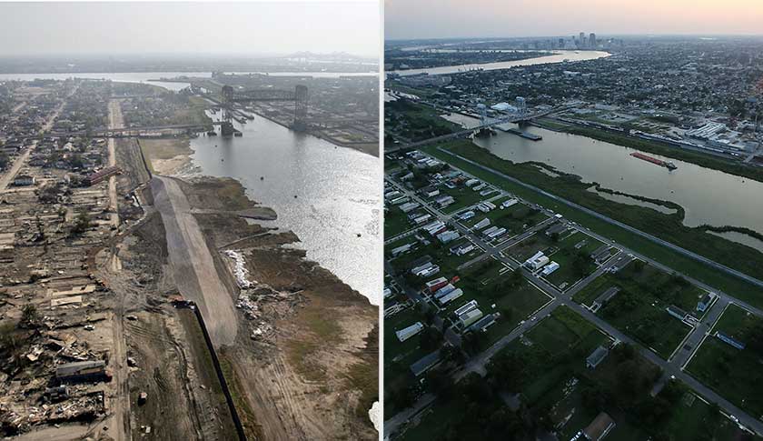 Repairs continue on a large section where the levee broke during Hurricane Katrina in the lower Ninth Ward in New Orleans, La., Friday, Oct. 14, 2005.  The lower Ninth Ward is still closed to residents because of the massive damage.(AP Photo/Don Ryan)


NEW ORLEANS, LA - AUGUST 24:  Homes and vacant lots stand in the Lower Ninth Ward (L) in front of the Industrial Canal (CENTER R) and downtown New Orleans (Top) on August 24, 2015 in New Orleans, Louisiana. The area was one of the most heavily devastated areas of the city following a levee breach along the Industrial Canal during the aftermath of Hurricane Katrina. The tenth anniversary of Hurricane Katrina, which killed at least 1836 and is considered the costliest natural disaster in U.S. history, is August 29.  (Photo by Mario Tama/Getty Images)