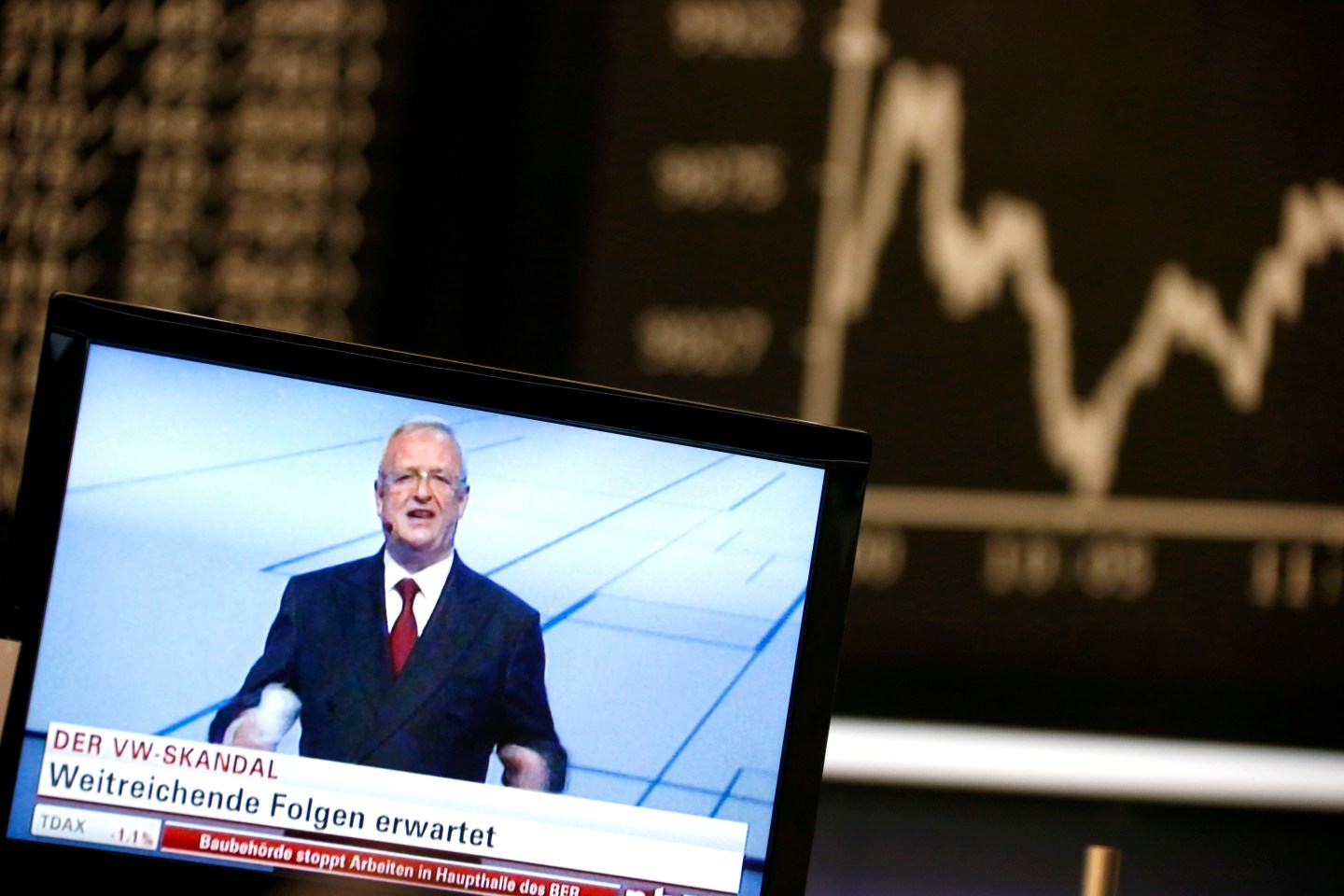 Winterkon CEO of Volkswagen appears onTV in front of German DAX board at stock exchange in Frankfurt