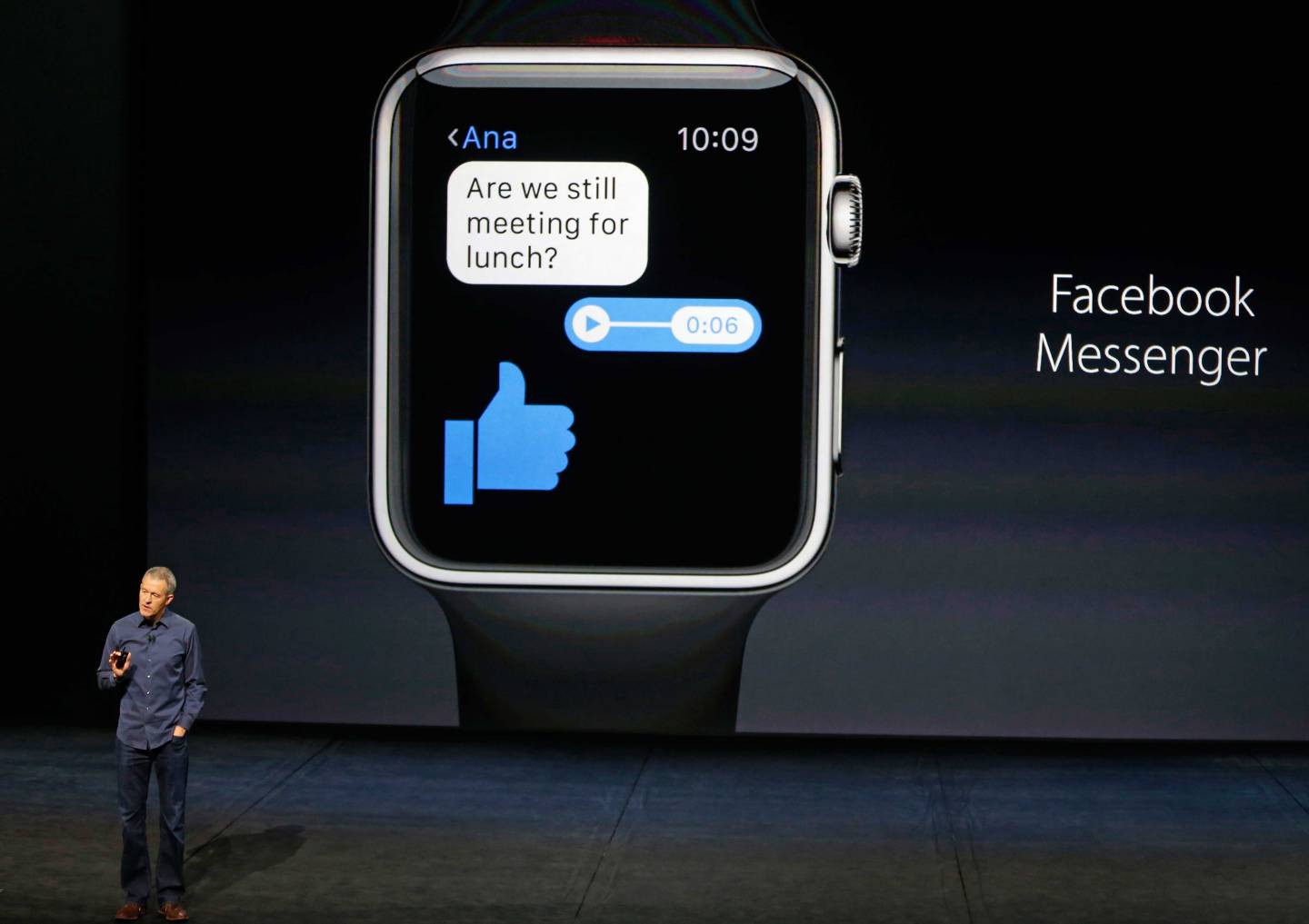 Jeff Williams, Apple's senior vice president of Operations, speaks about the Apple Watch and Facebook Messenger during an Apple media event in San Francisco