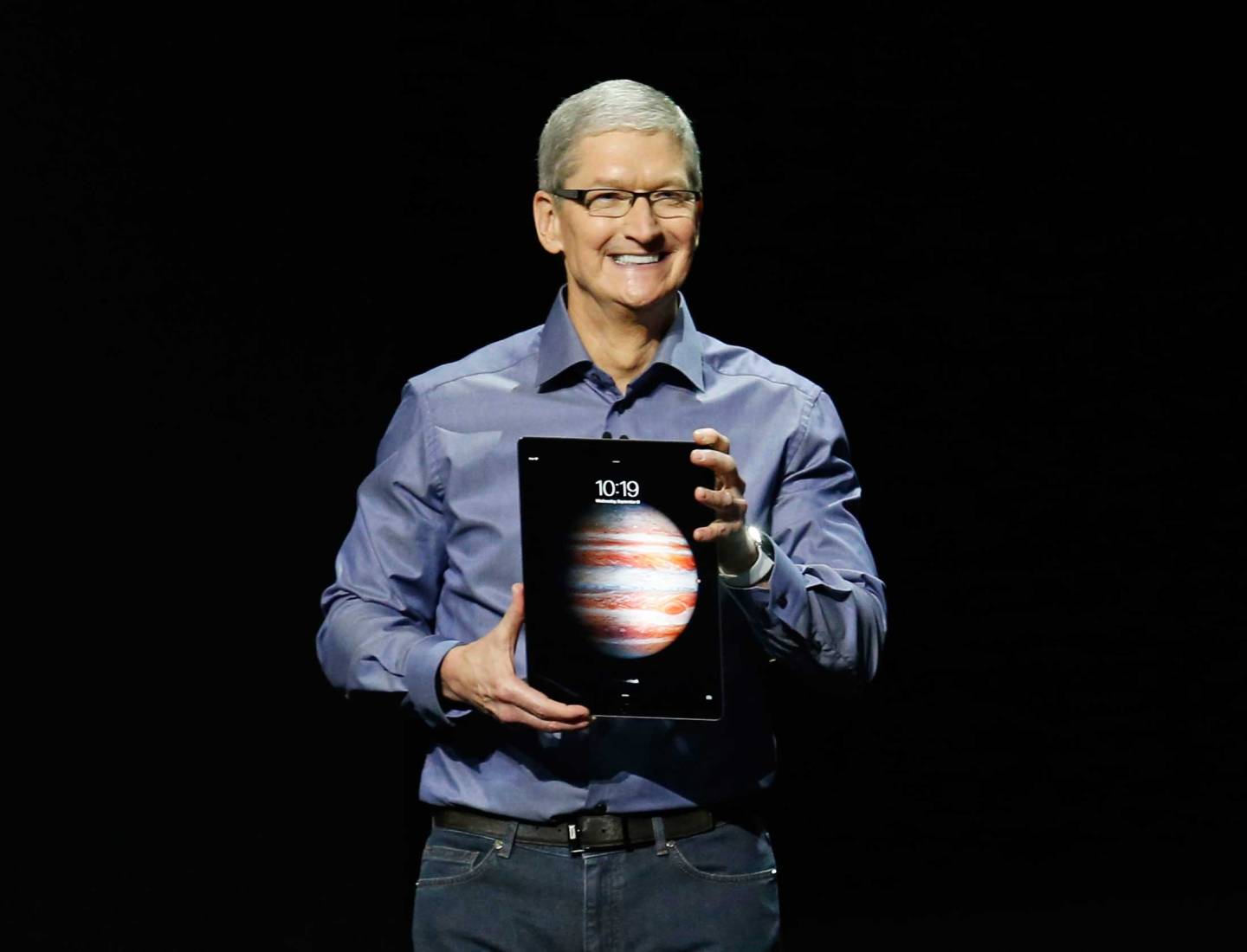Apple CEO Tim Cook introduces the new iPad Pro during an Apple media event in San Francisco, California