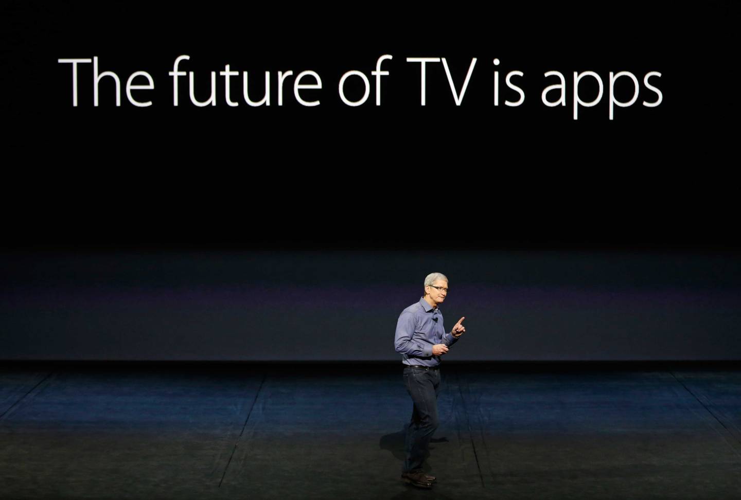 Apple CEO TIm Cook speaks about Apple TV during an Apple media event in San Francisco, California