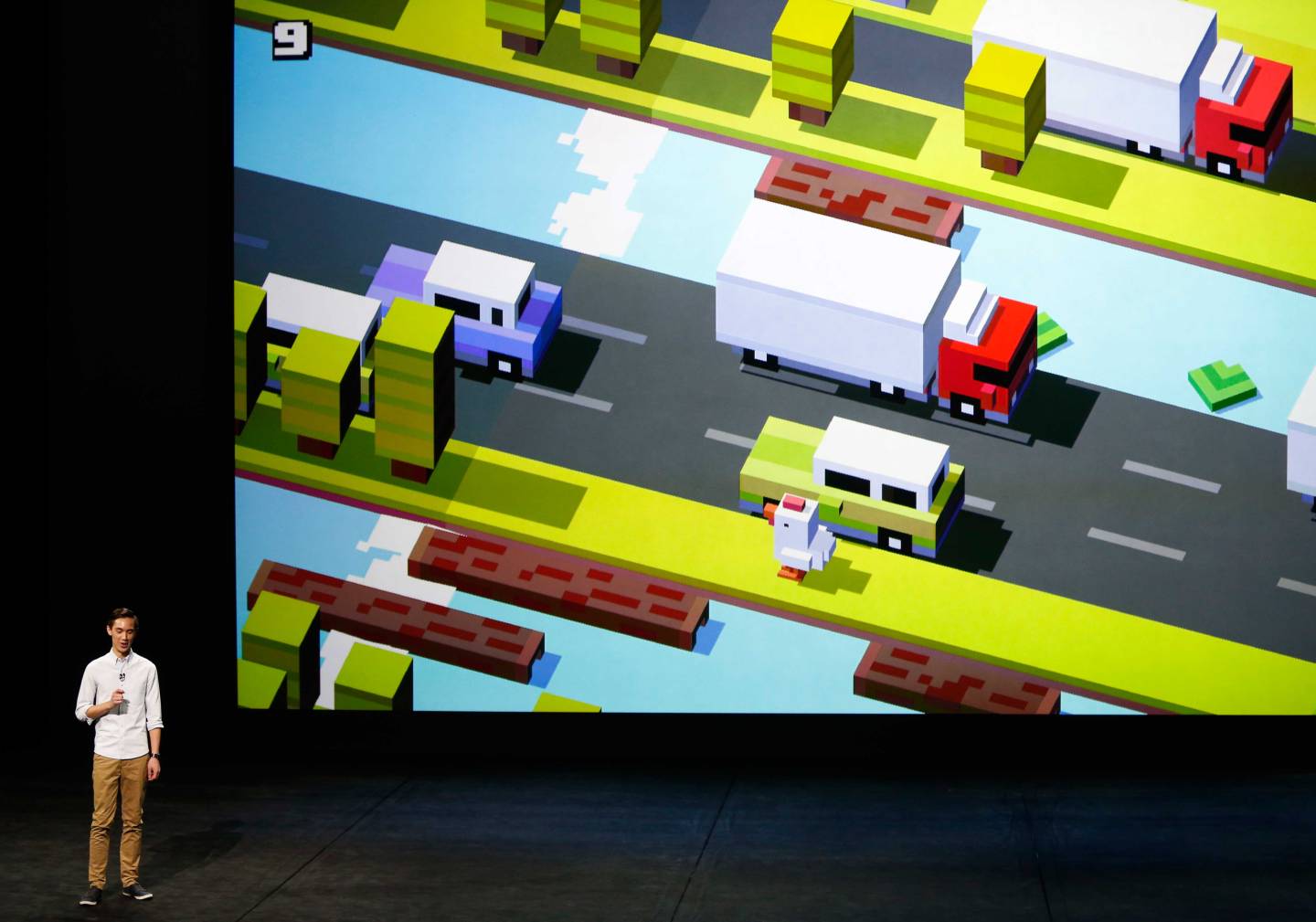 Andy Sum from Hipster Whale discusses his company's game Crossy Road for the Apple TV during an Apple media event in San Francisco, California