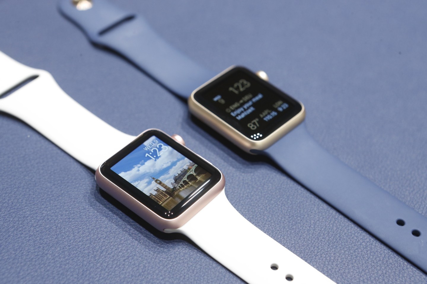 Apple Watches in new colors are displayed during an Apple media event in San Francisco