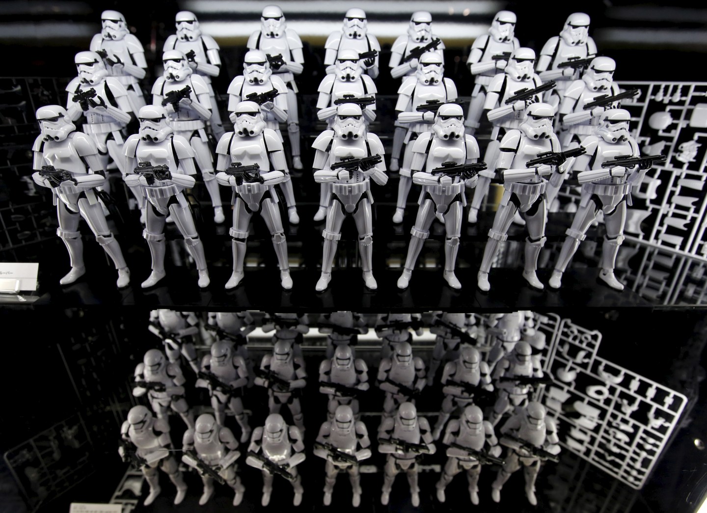 Figure models called First Order's Stormtrooper from the film "Star Wars" are displayed at Loft Variety Store in Shibuya shopping district in Tokyo