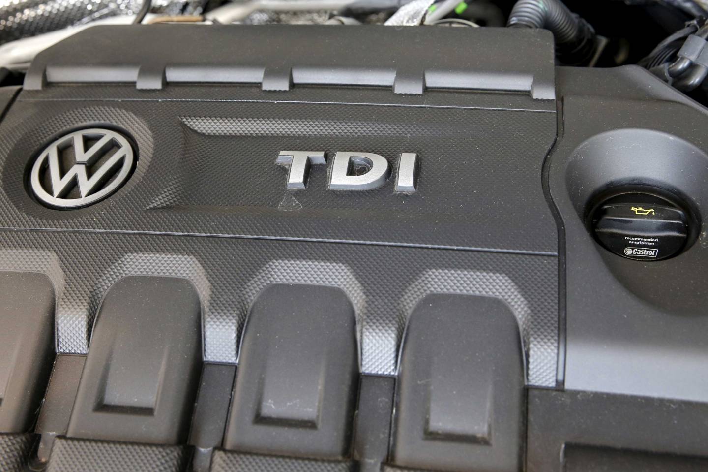 The engine of a Volkswagen 2015 Jetta TDI is seen at a VW dealership in the Queens borough of New York