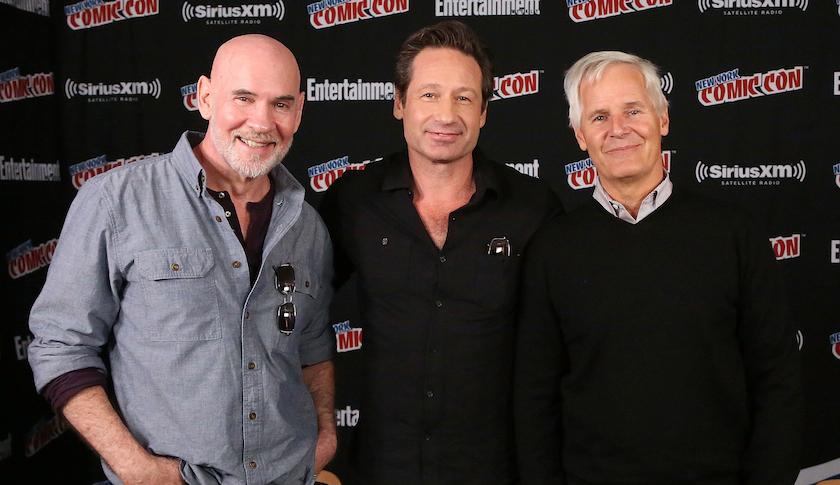 Left to right: “X-Files” actors Mitch Pileggi and David Duchovny, and show creator Chris Carter at Comic-Con in New York, Oct. 10