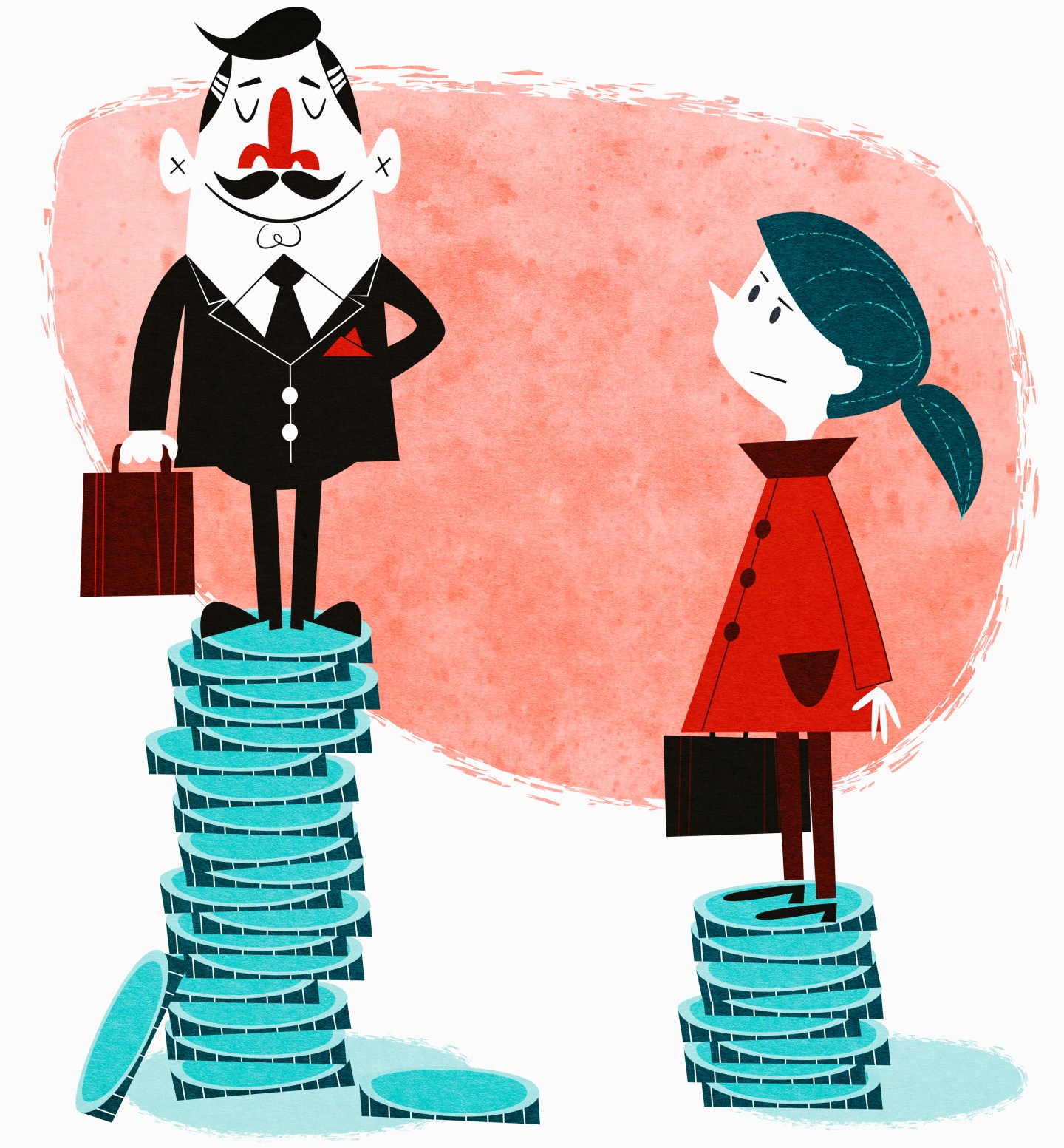 Businesswoman on small stack of coins looking up to businessman on large stack of coins